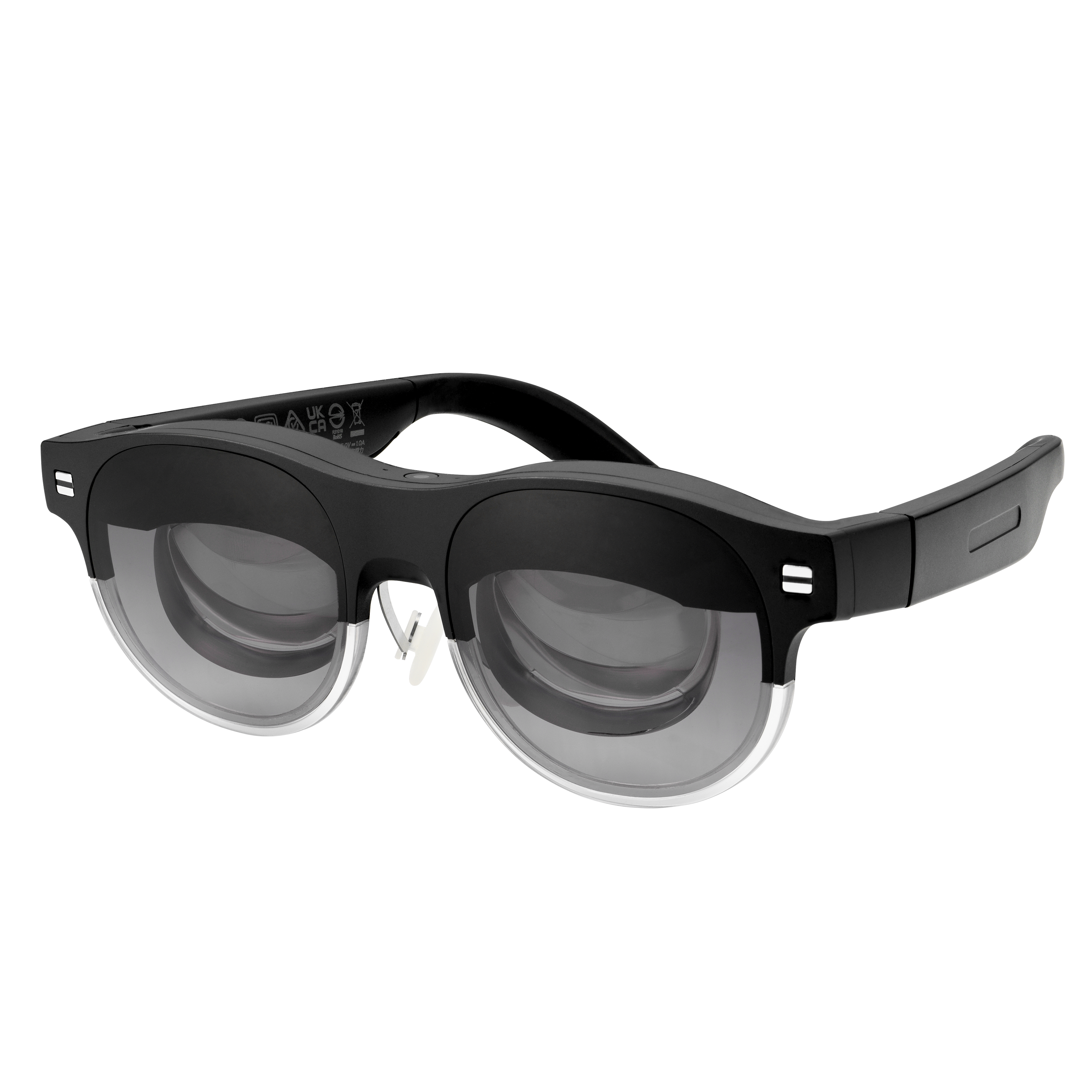 Schwarze Smartglasses mit großen, dunklen Gläsern und einem schlanken, modernen Design. Der Rahmen ist dick.