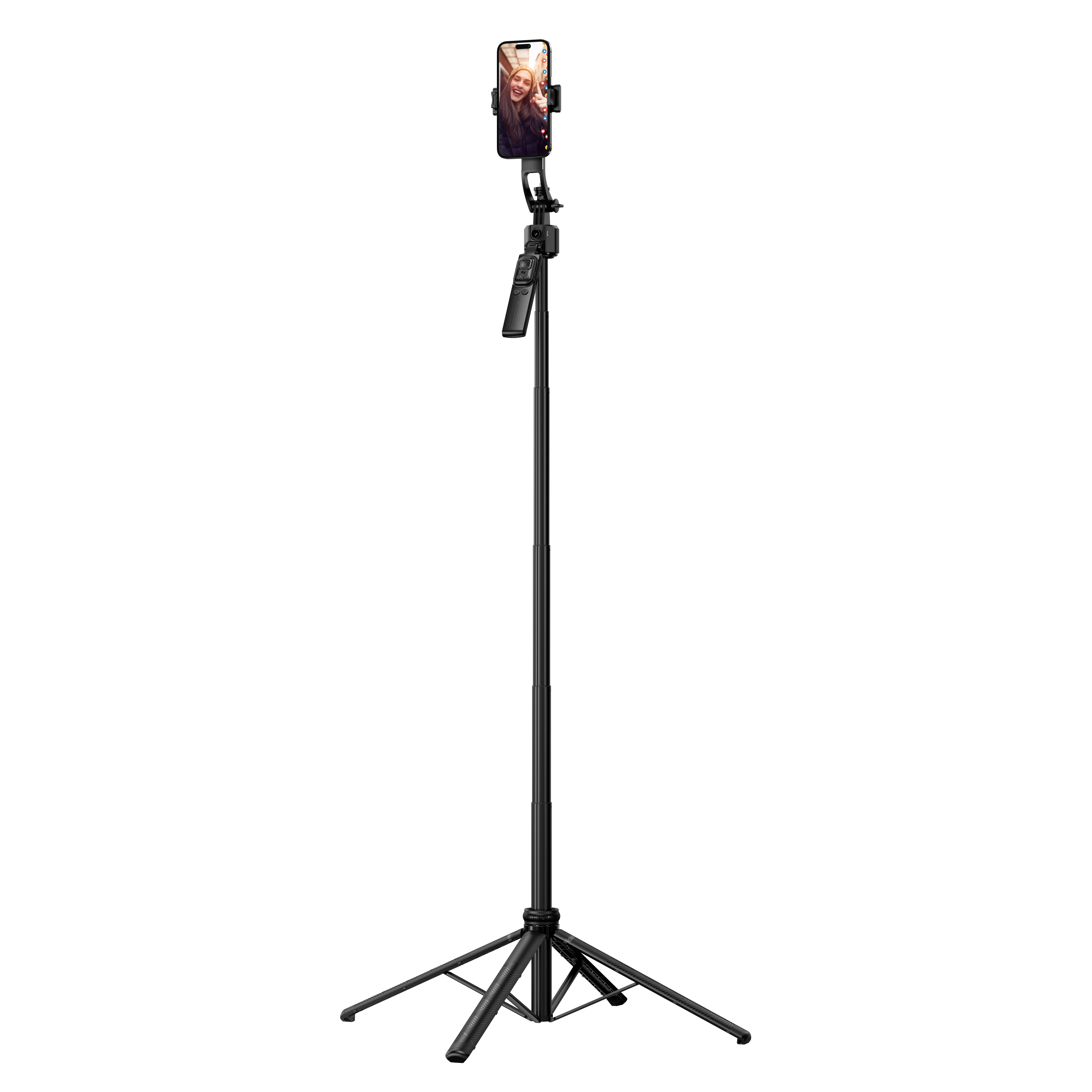 Schwarzer Selfie-Stick mit befestigtem Telefon, weißer Hintergrund.