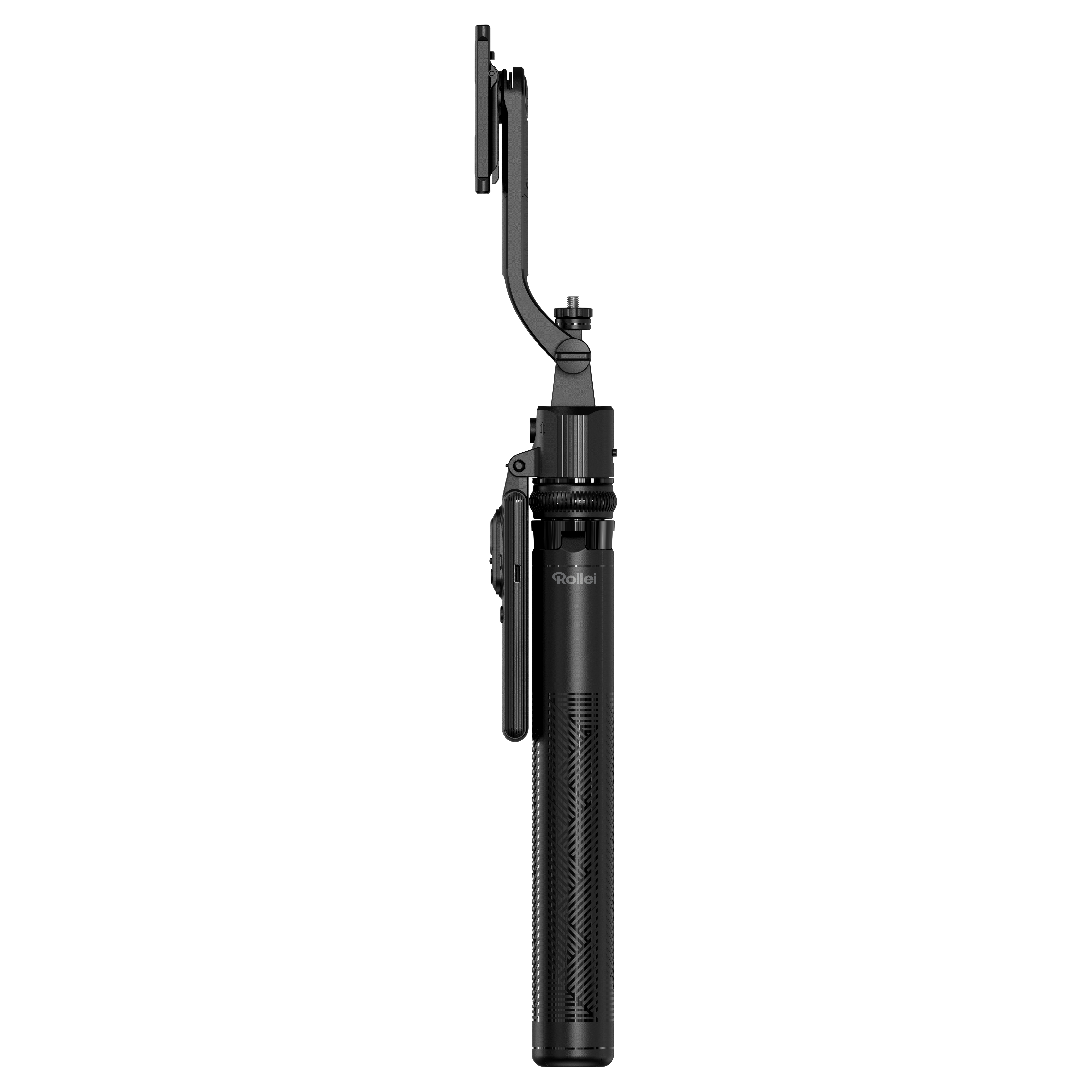 Ein schwarzer Selfie-Stick mit einem Telefon.