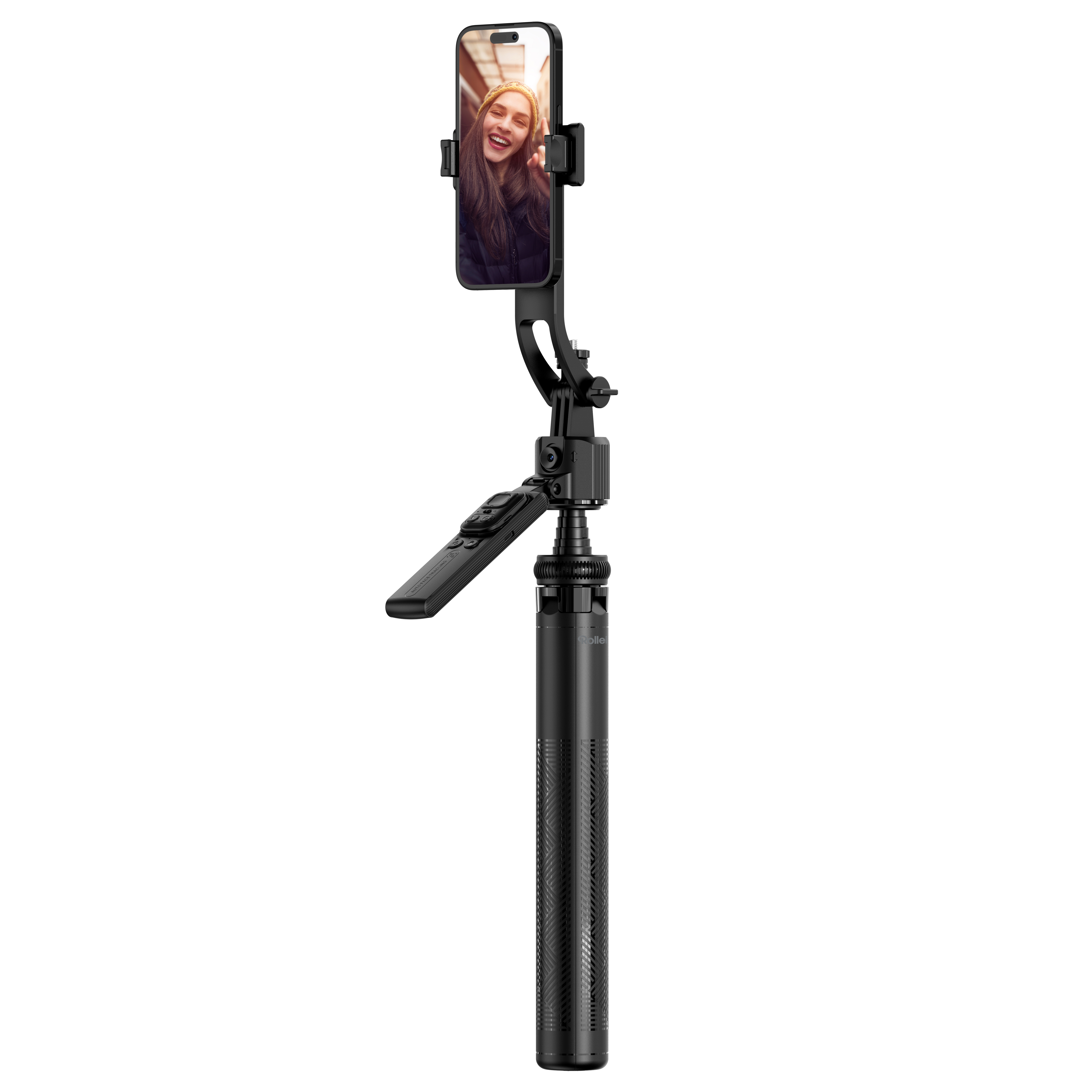 Schwarzer Selfie-Stick mit befestigtem Telefon, auf dem eine lächelnde Frau zu sehen ist. Weißer Hintergrund.