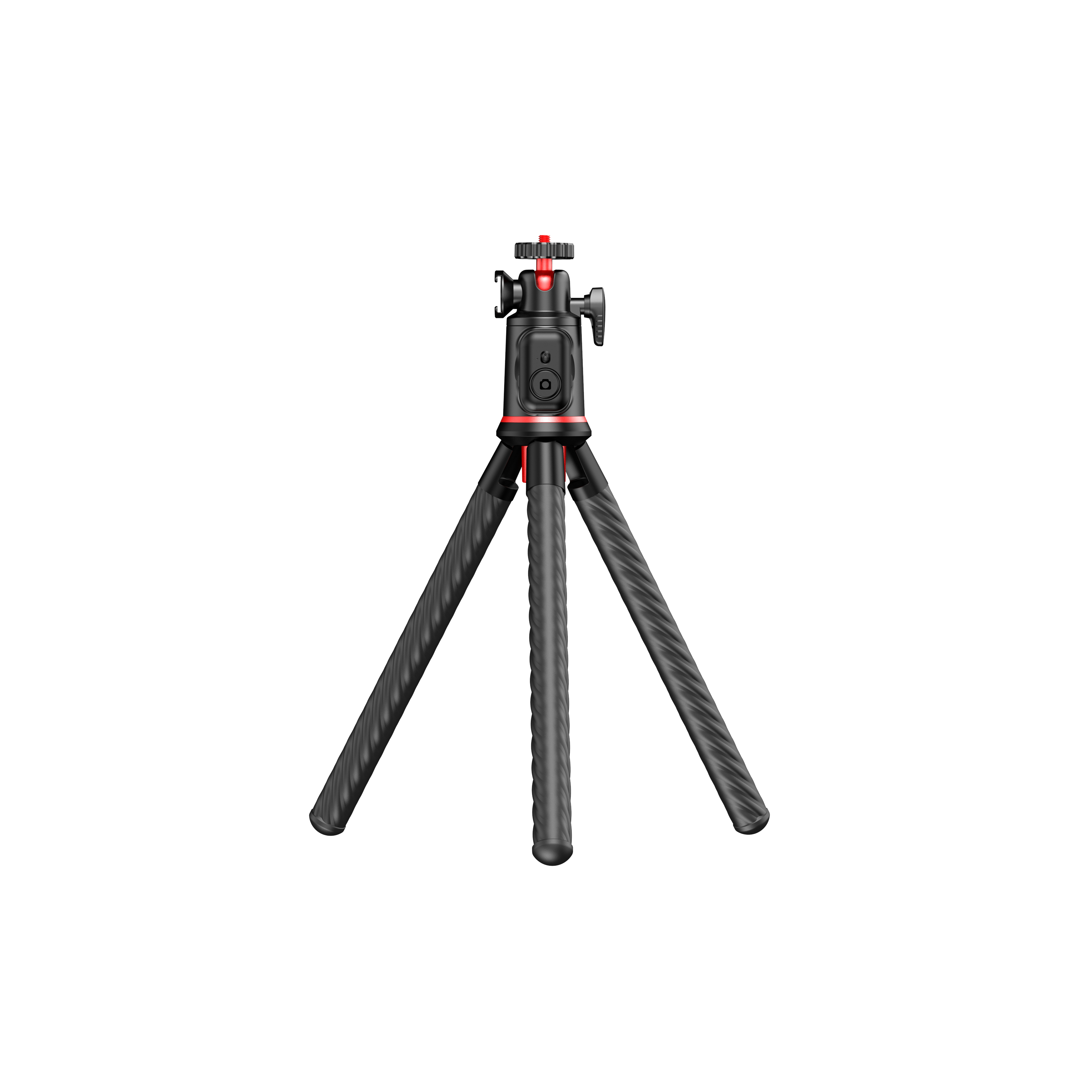 Ein schwarzes und rotes Mini-Stativ, einsatzbereit.