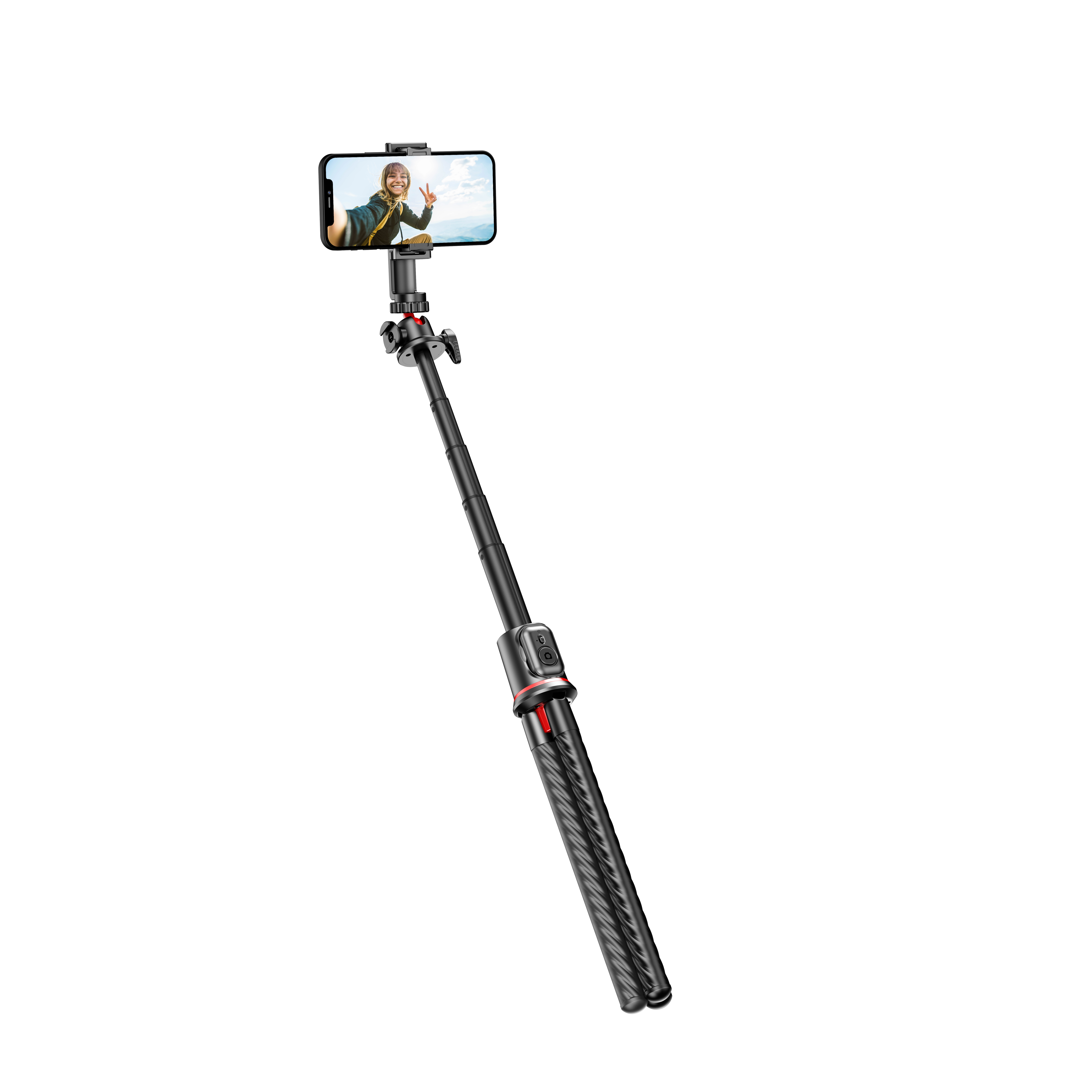 Ein schwarzer Selfie-Stick mit befestigtem Telefon, nach oben geneigt vor weißem Hintergrund.