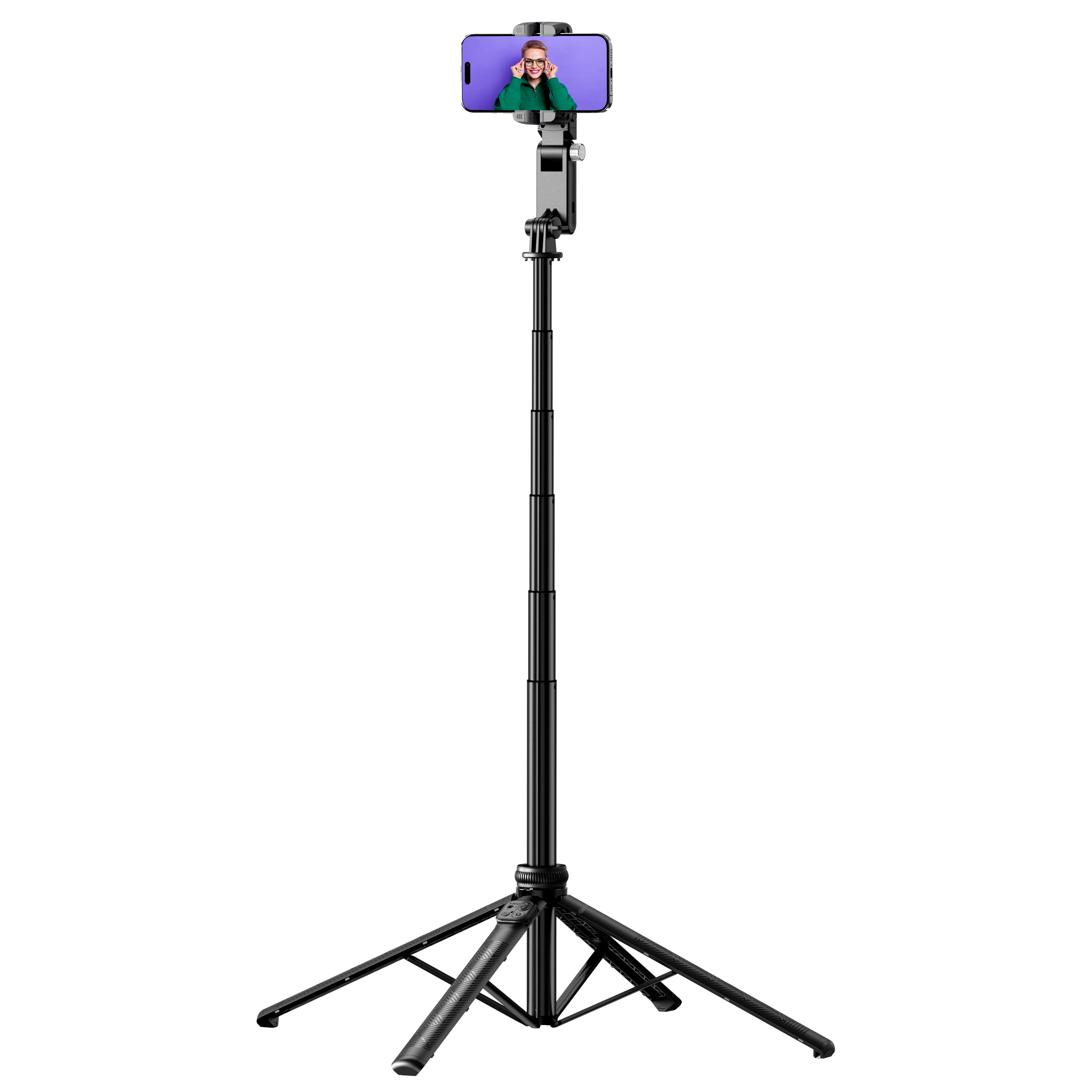 Selfie-Stick mit Telefon, das eine Person auf dem Bildschirm zeigt.