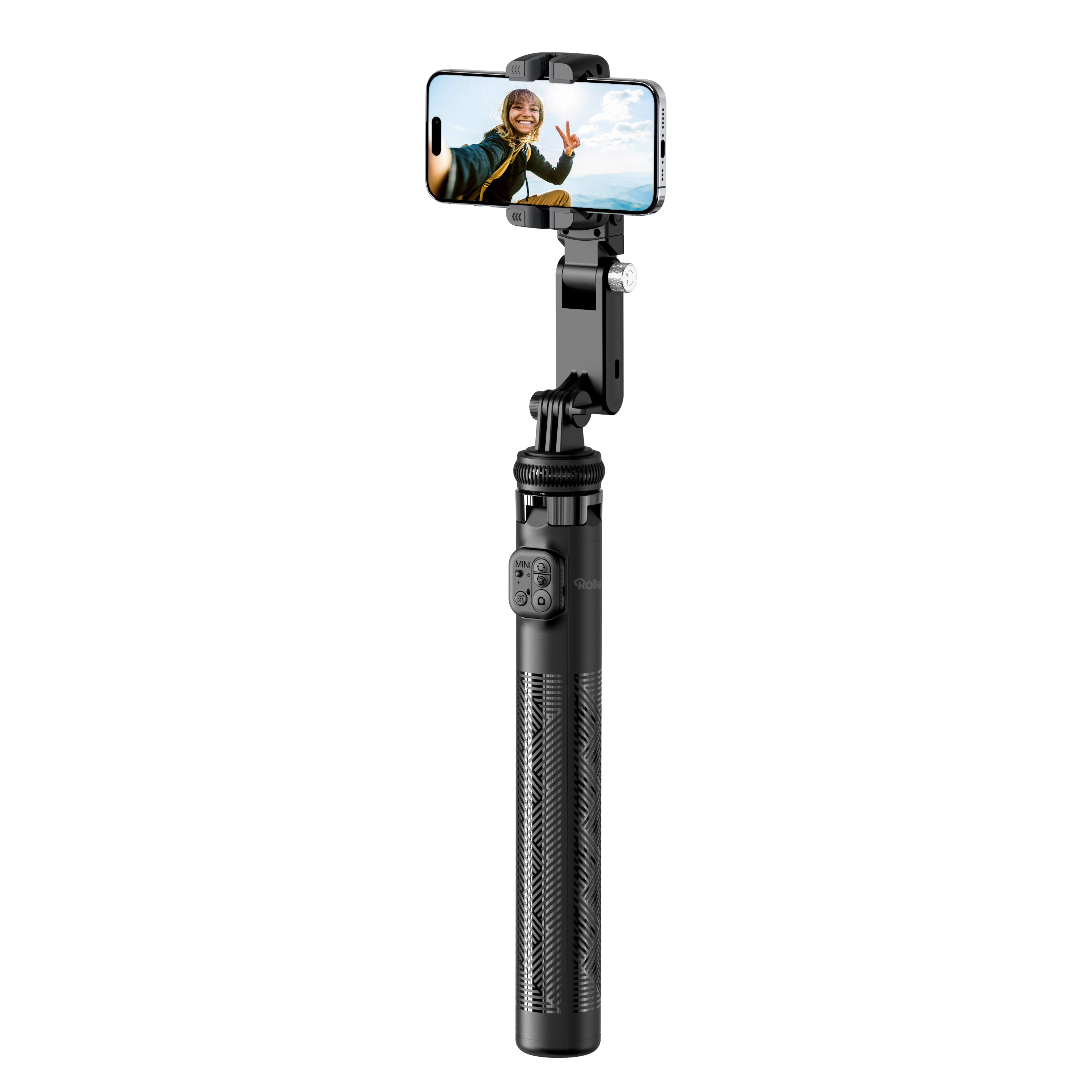 Ein schwarzer Selfie-Stick mit einem Telefon, das ein Bild einer Frau anzeigt. Der Griff ist strukturiert.