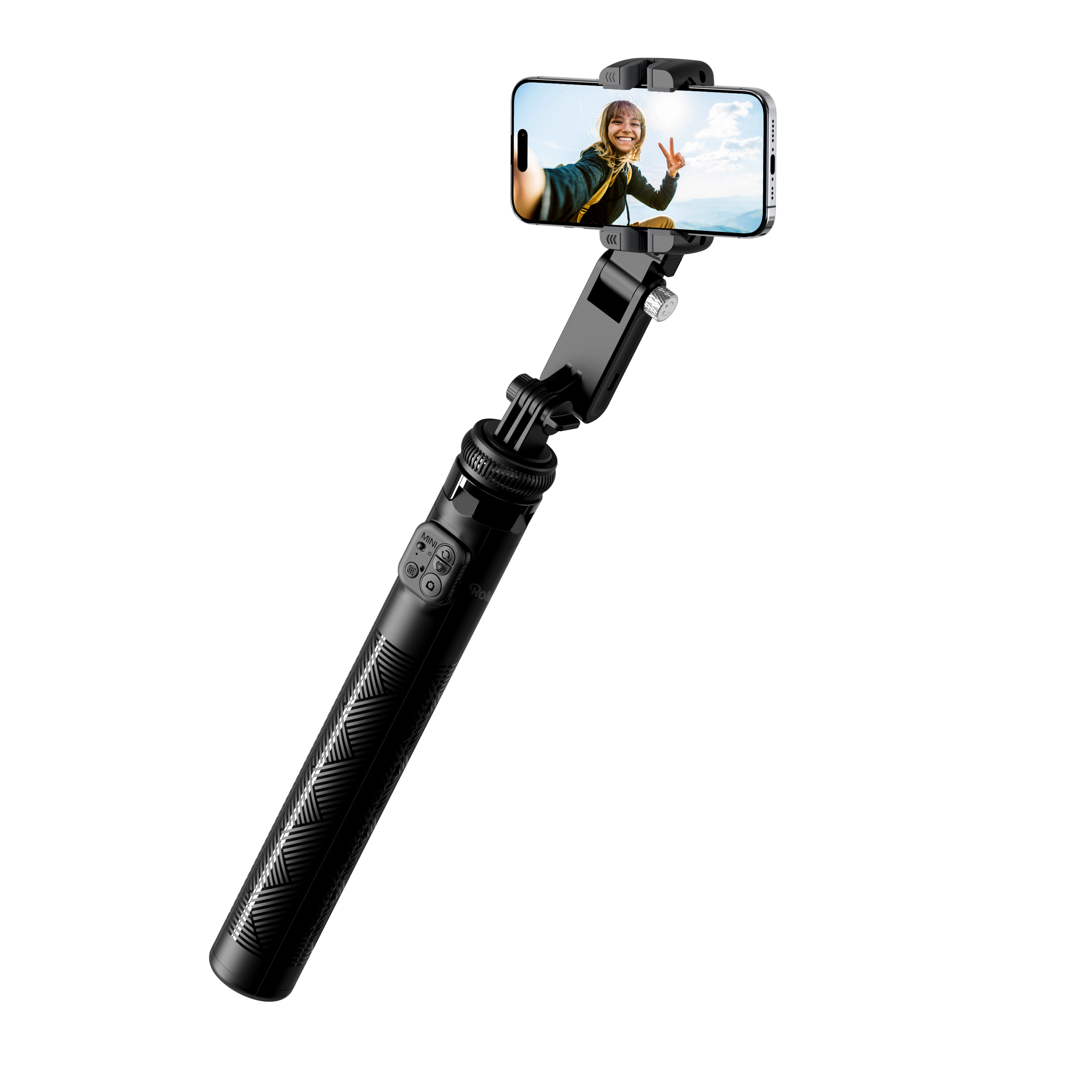 Schwarzer Selfie-Stick mit Telefon, Frau macht Selfie. Weißer Hintergrund.