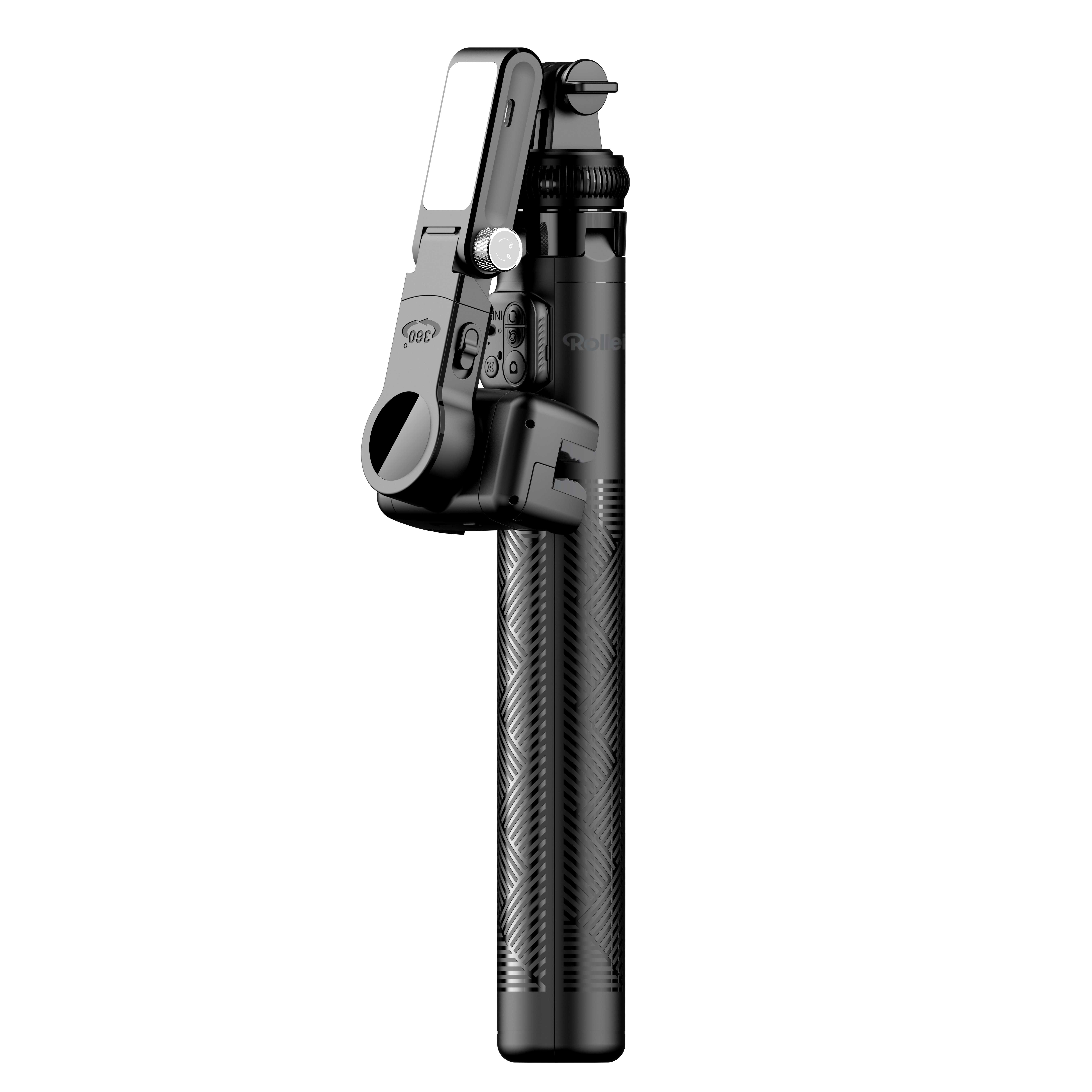 Ein schwarzer Selfie-Stick mit einem befestigten Telefon. Das Telefon ist abgewinkelt.