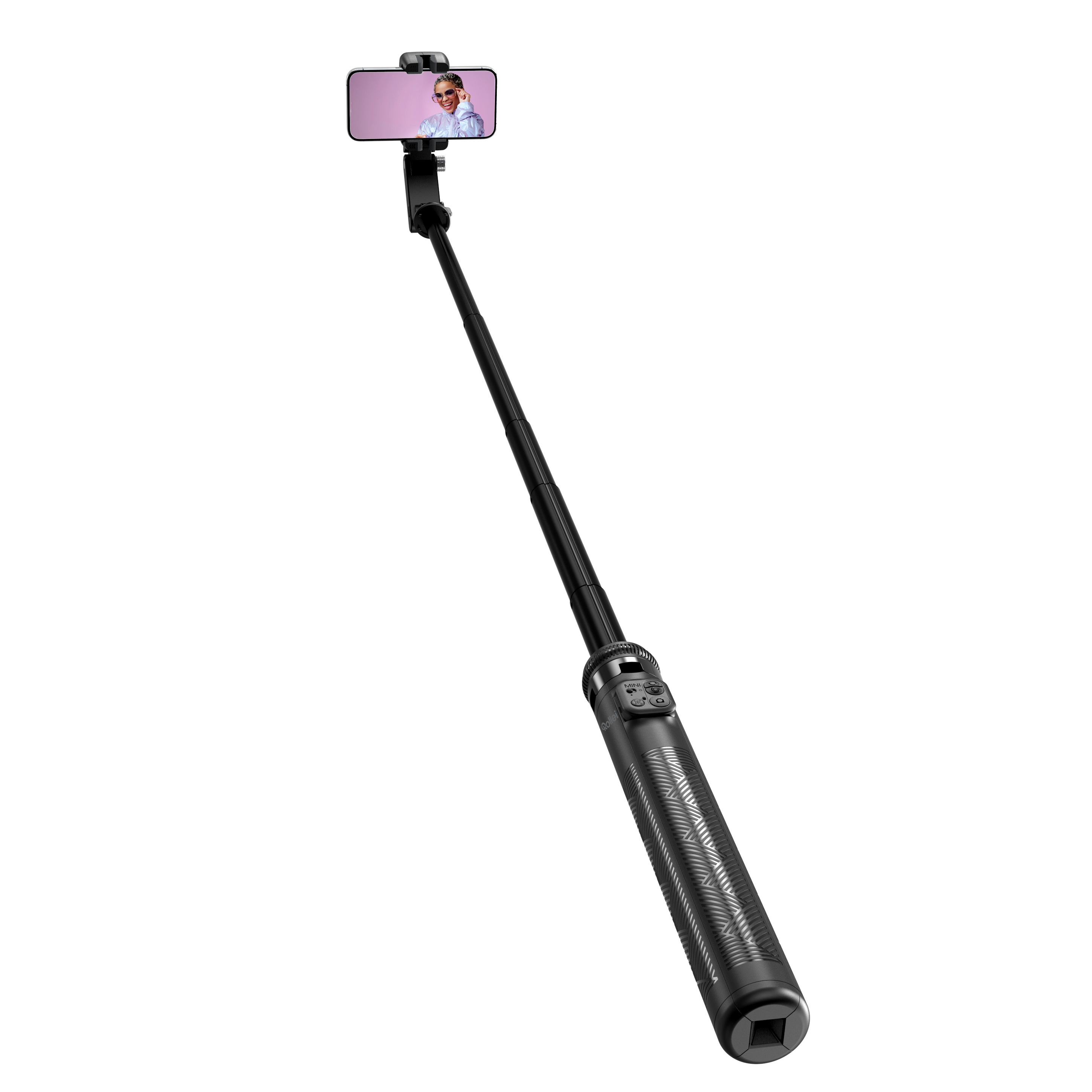 Schwarzer Selfie-Stick, der ein Telefon mit dem Bild einer Person hält. Ausgefahren und angewinkelt.