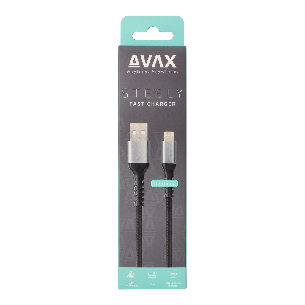 AVAX STEELY gyorstöltő kábel USB A - Lightning 20W, 3A, 1,5m, acélszürke (CB401G)