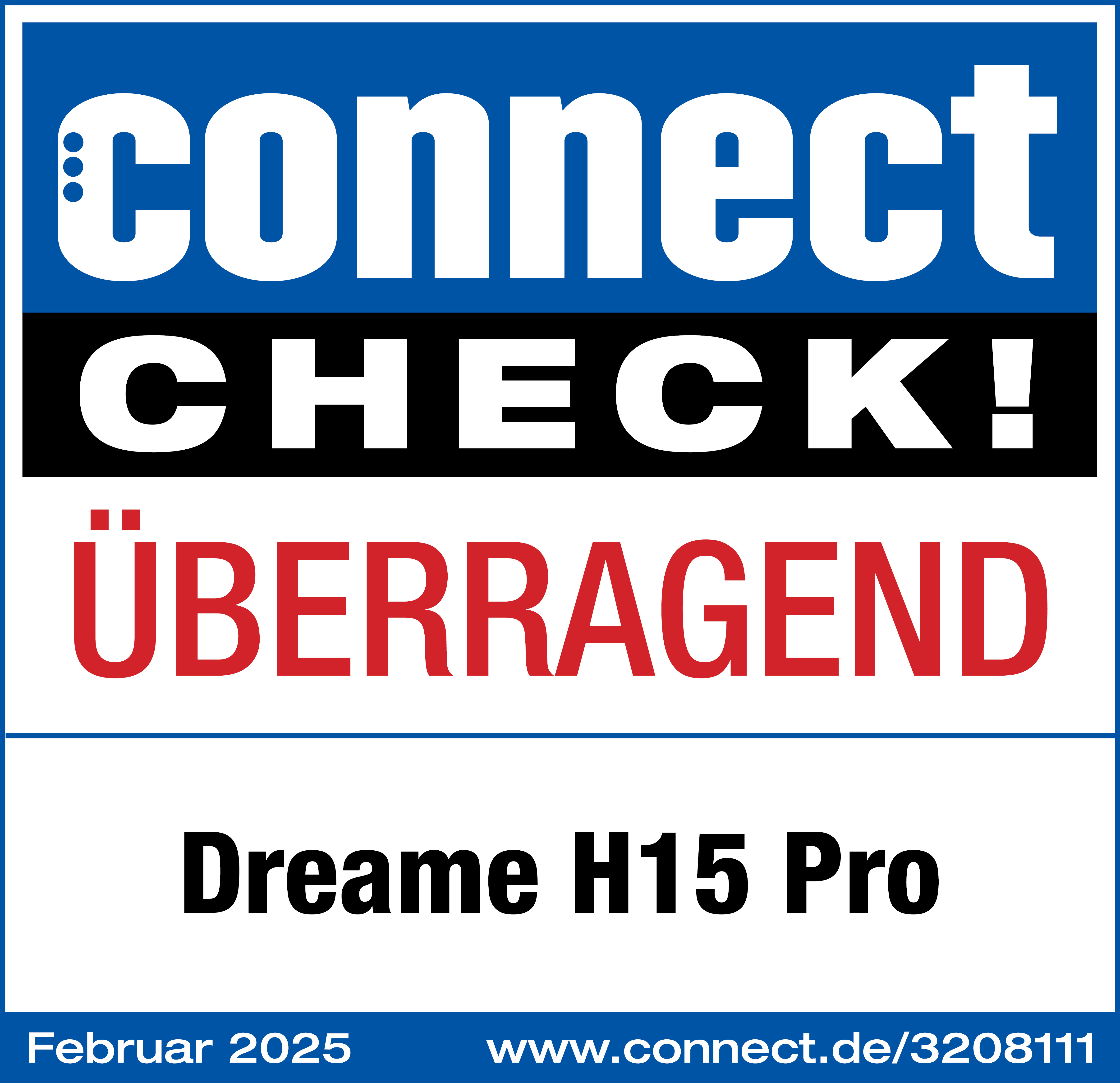 Weiß-blaues 'connect check'-Logo mit 'ÜBERRAGEND' und 'Dreame H15 Pro'.