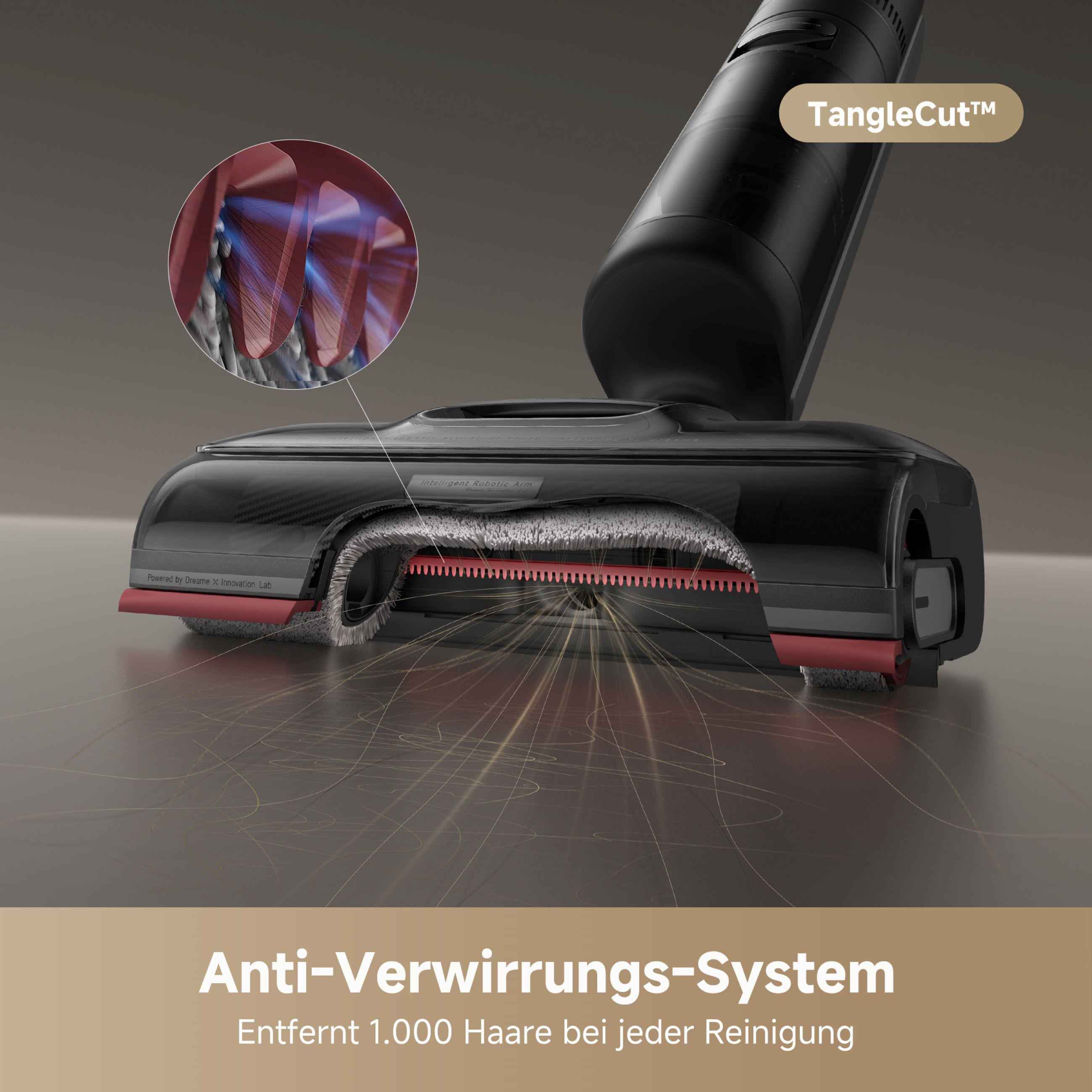 Schwarzer Staubsaugerkopf, Ausschnitt, der das verwicklungsfreie Bürstensystem zeigt.