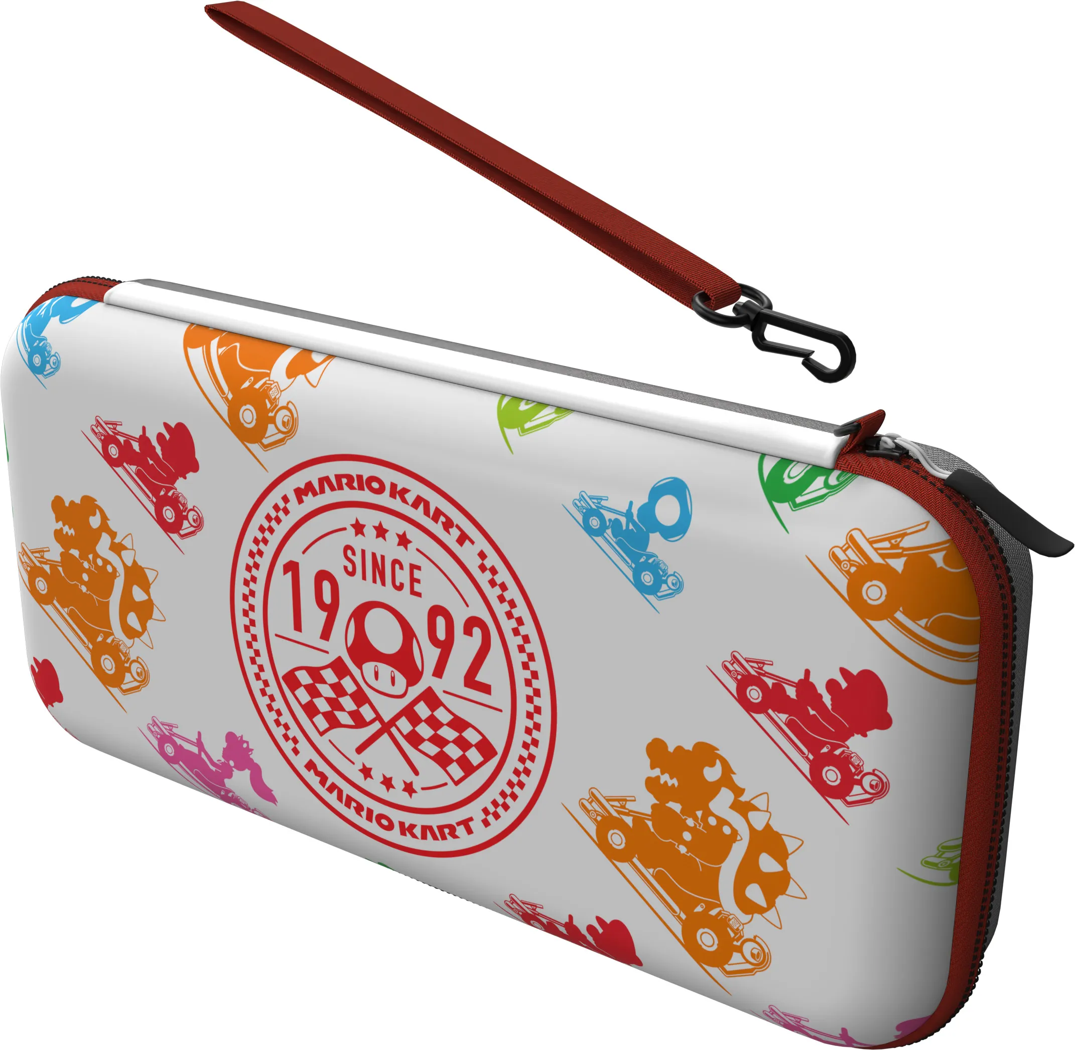 Weißes Mario Kart-Etui mit rotem Riemen und schwarzem Verschluss.