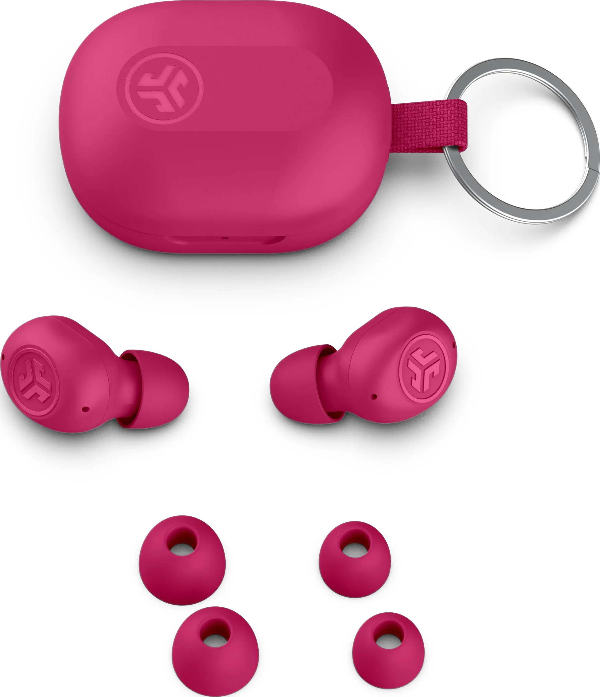 Écouteurs roses, étui de chargement avec une sangle rose et des embouts d'oreille roses supplémentaires sur fond blanc.