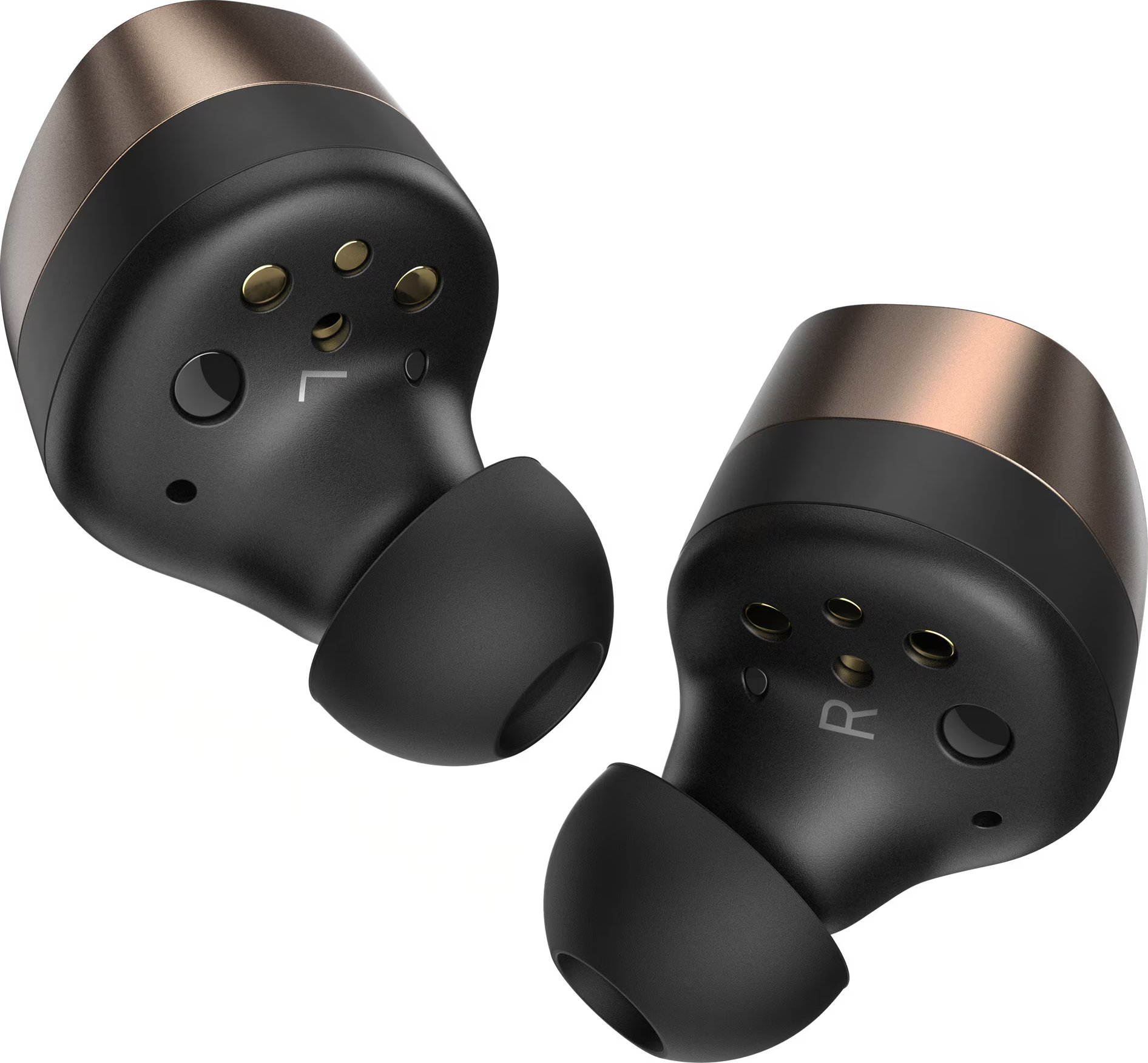 Deux écouteurs noirs avec des dessus couleur bronze. Sur fond blanc.