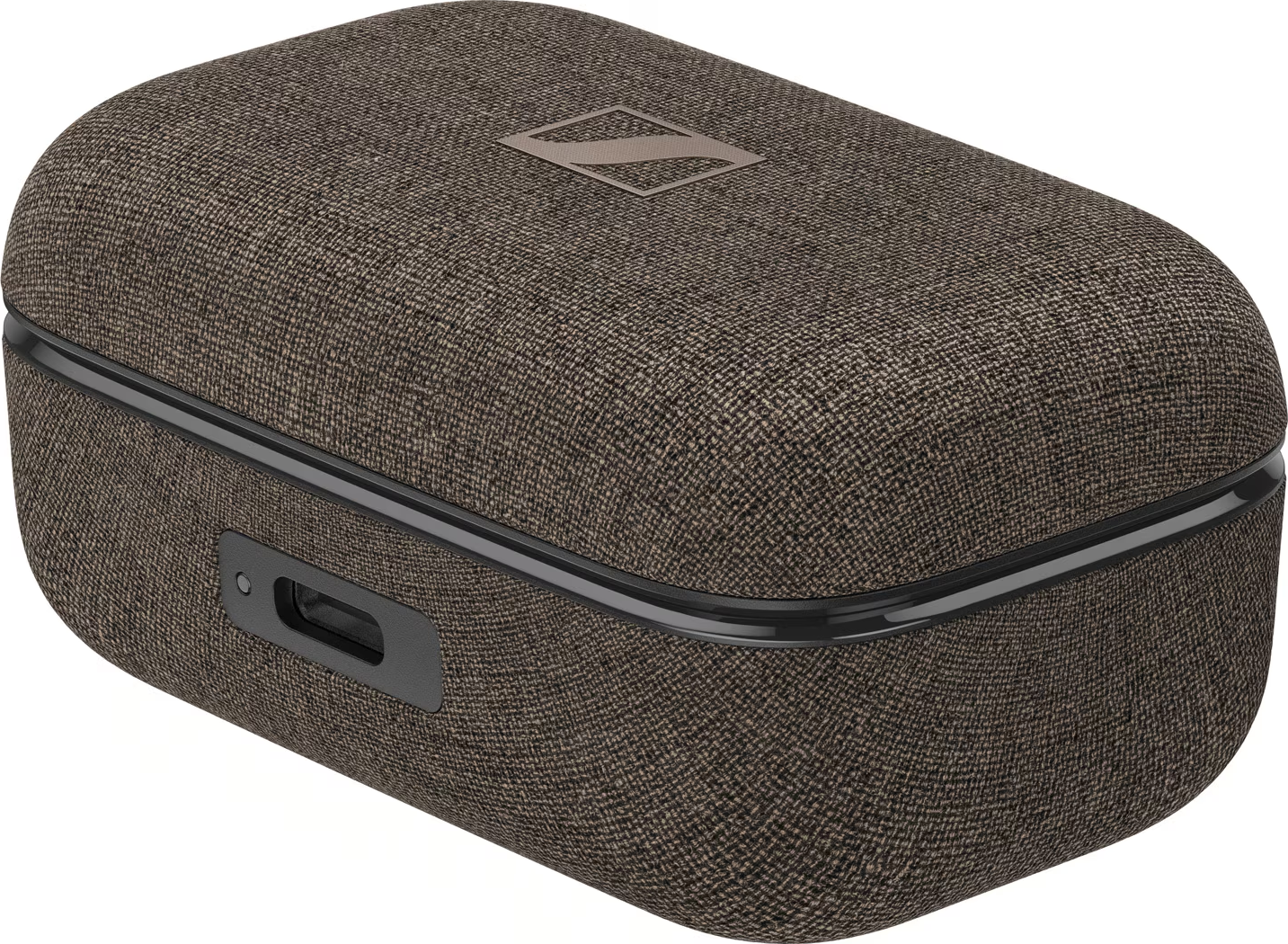 Étui de transport marron texturé avec bord sombre et logo.