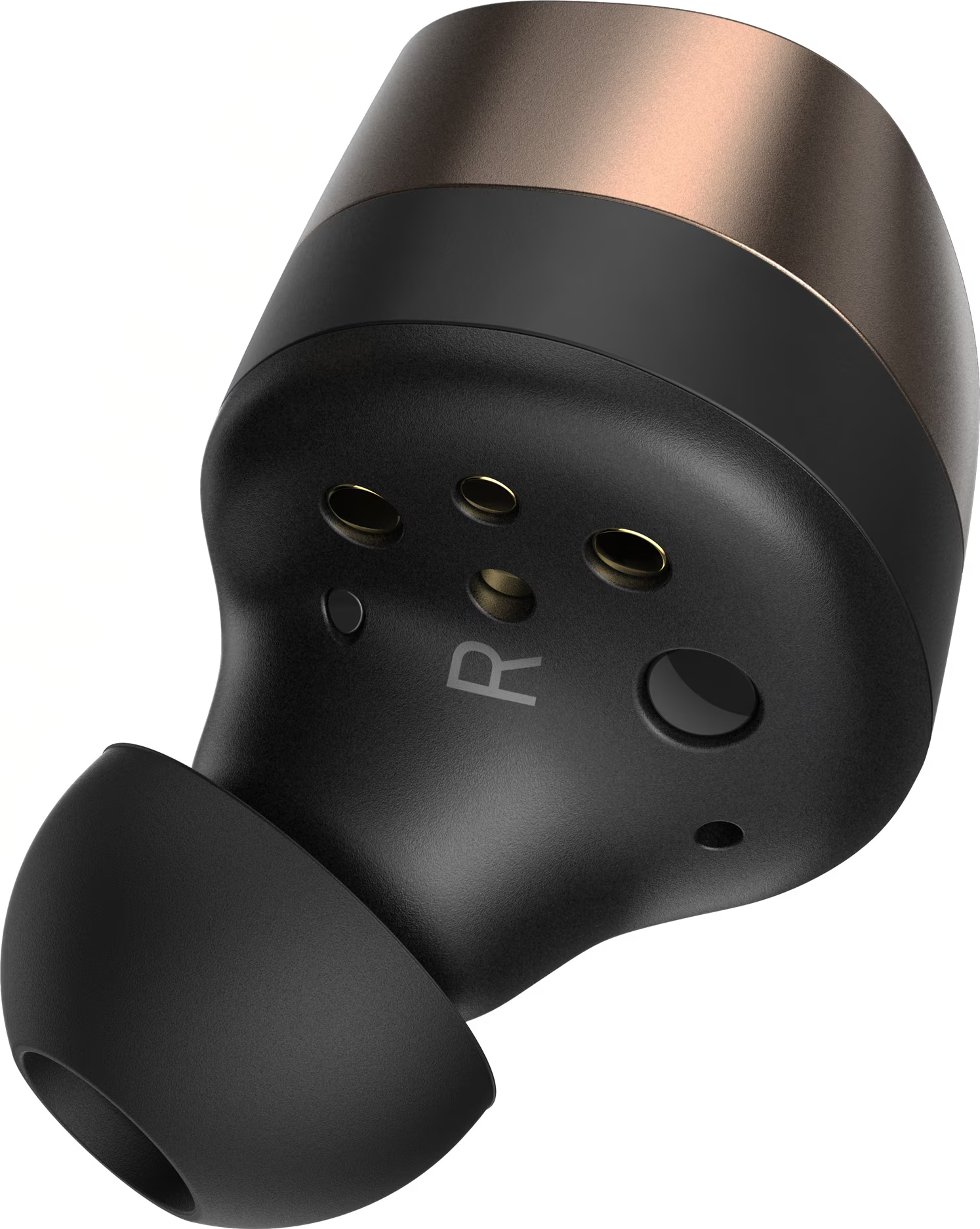 Gros plan d'un seul écouteur, noir avec dessus bronze, étiqueté 'R'.