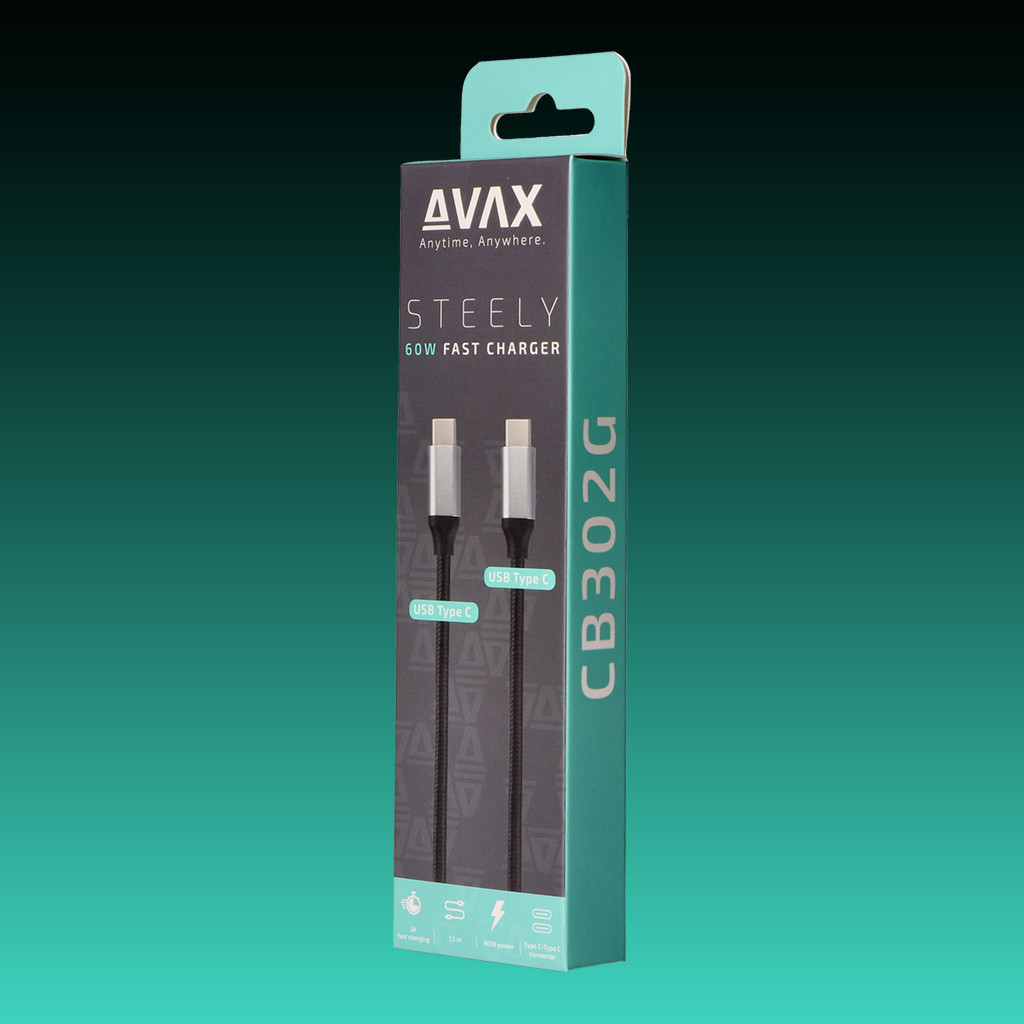 AVAX Steely 60W gyorstöltő doboz, USB-C kábelek, színátmenetes türkiz háttérrel.