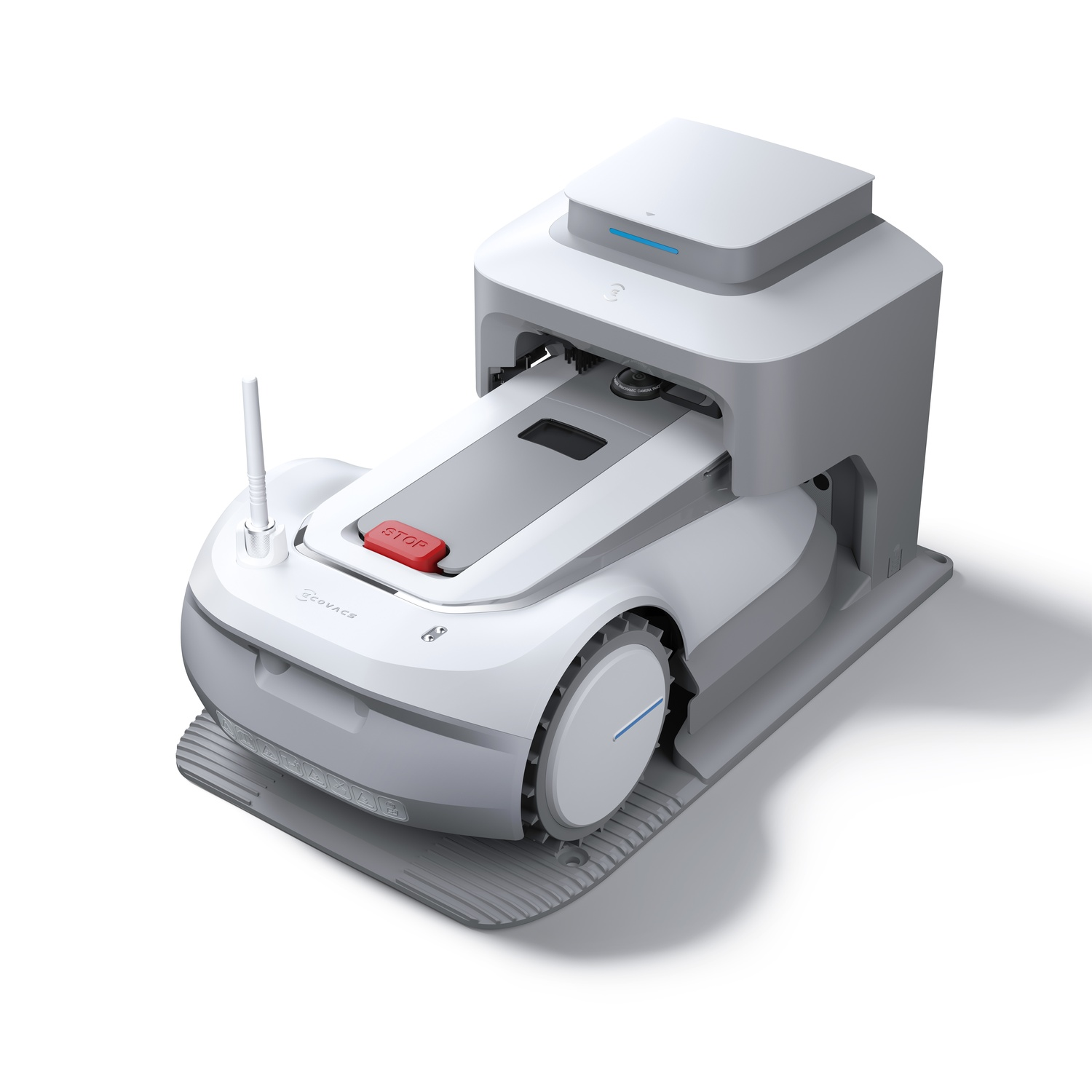 Robot tosaerba bianco e grigio su base di ricarica con pulsante 'STOP' rosso.