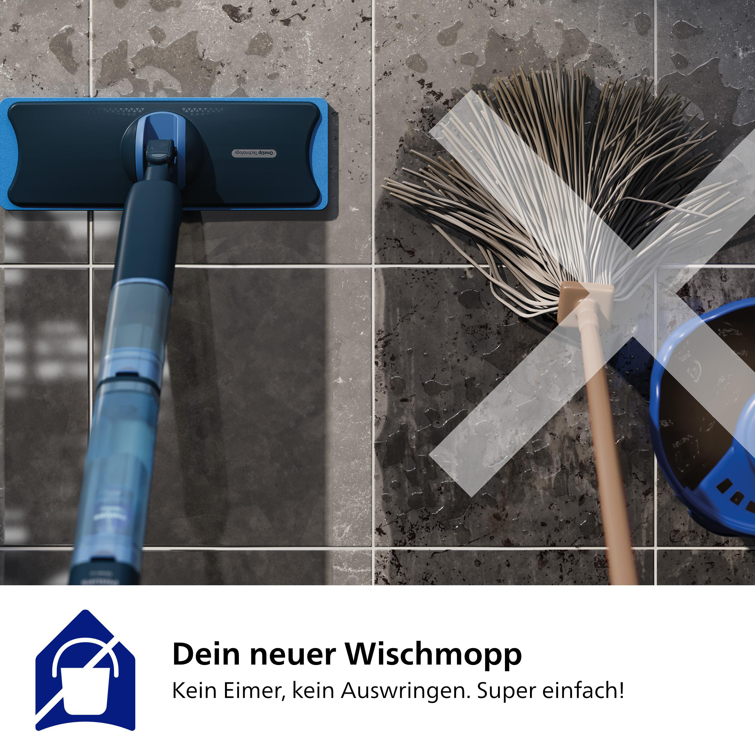 Ein blauer und schwarzer Wischmop mit einem Schild, das anzeigt, dass er keinen Eimer benötigt.