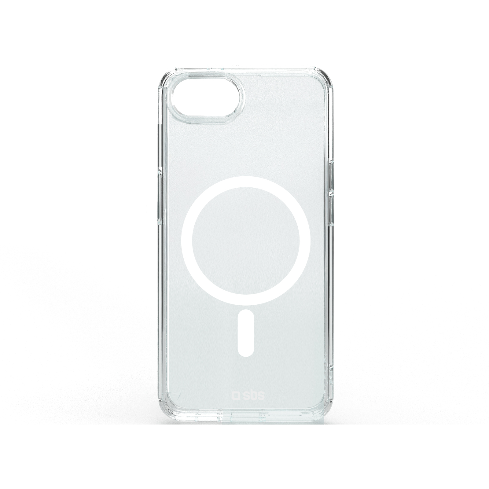 Transparente iPhone-Hülle mit weißem kreisförmigen Design auf weißem Hintergrund.