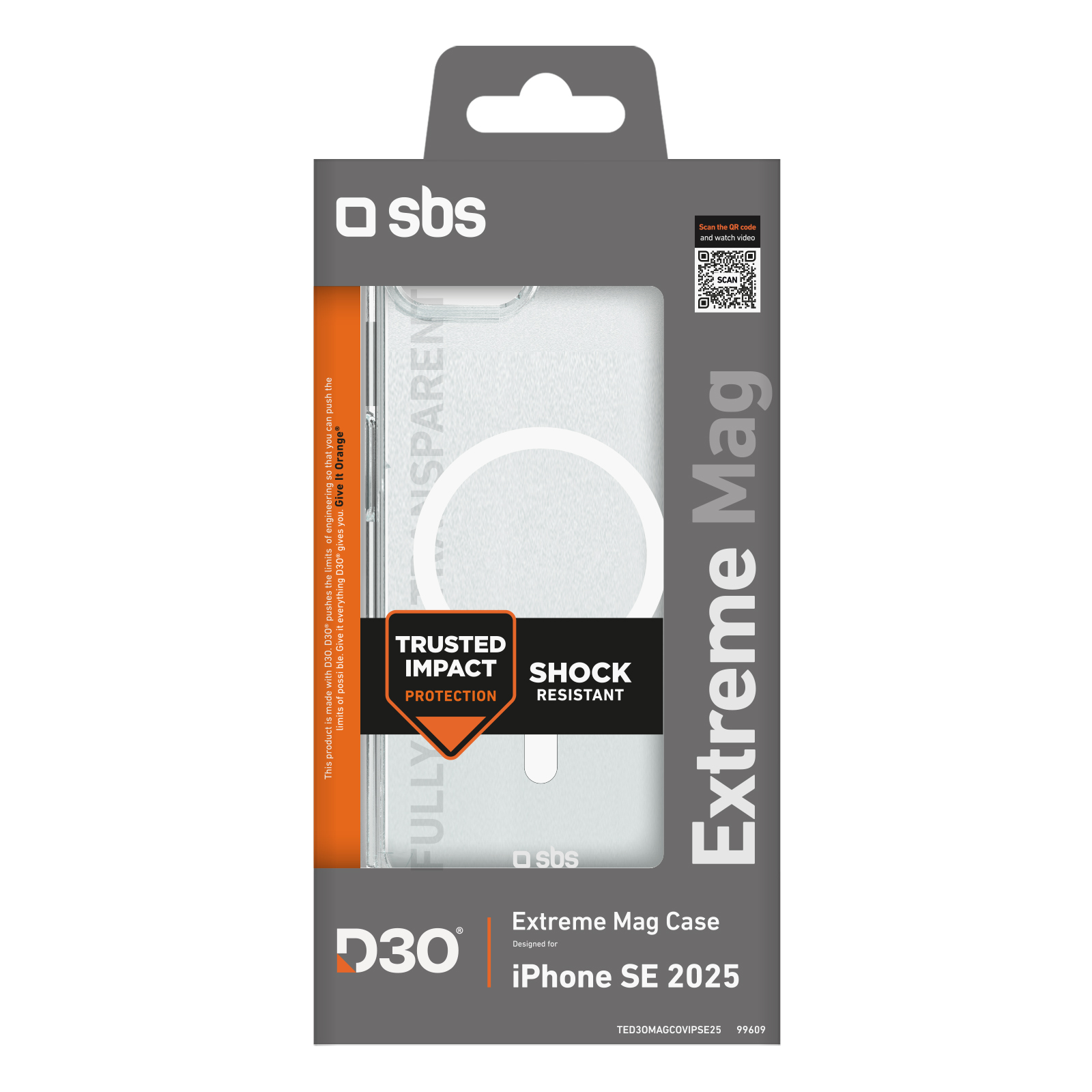 Schachtel mit Extreme Mag Case für iPhone SE 2025. Sie hat eine transparente Hülle und Text.