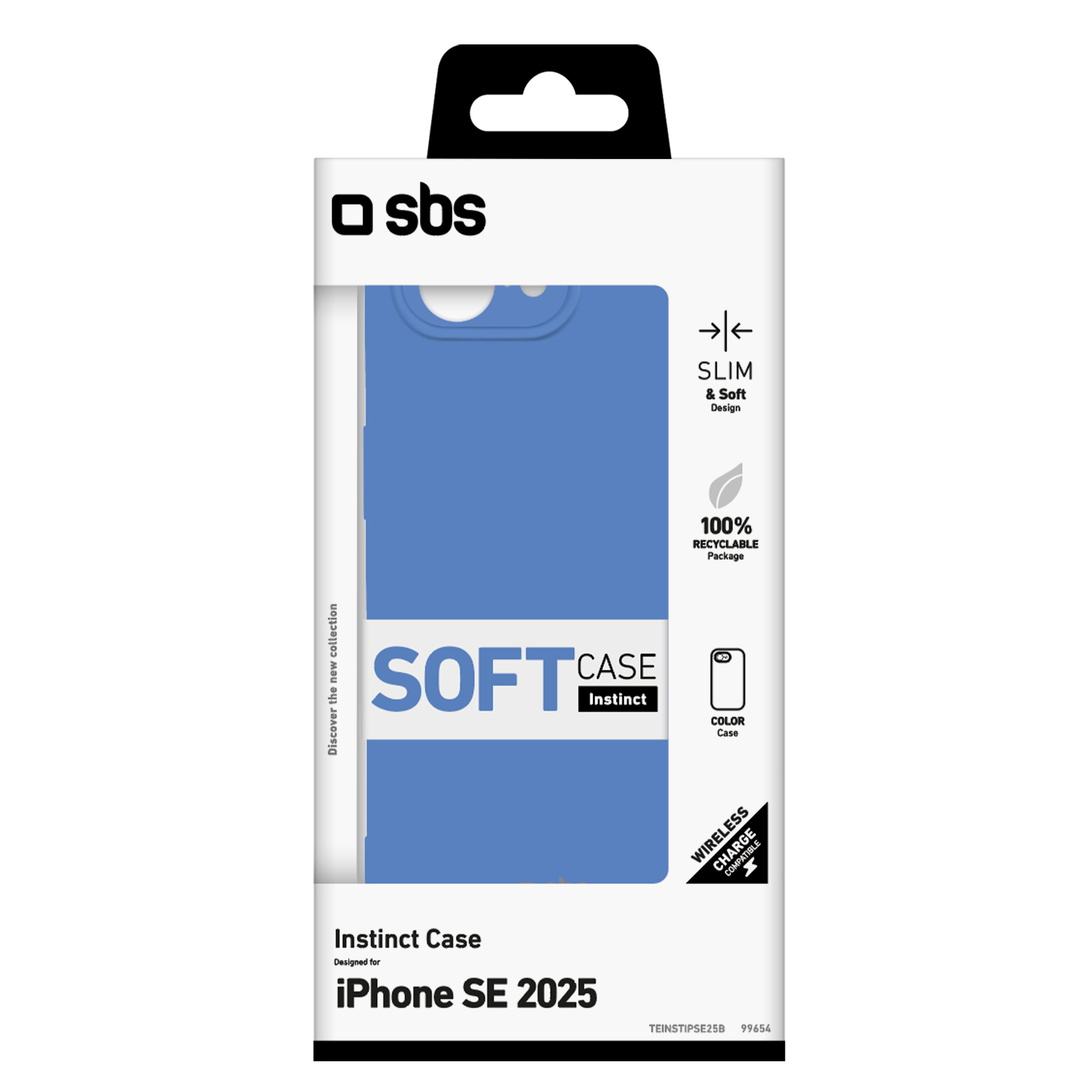 Verpackung der iPhone SE 2025 Hülle. Blaue Handyhülle in weißer Box.