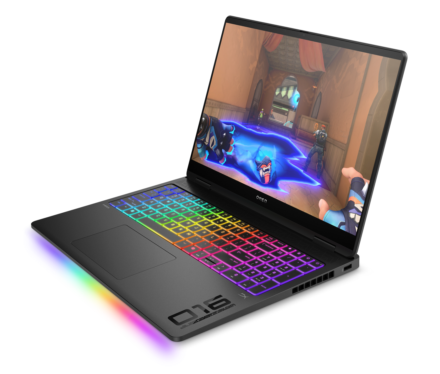 Ordenador portátil con teclado iluminado con arcoíris y pantalla de juego, aislado sobre fondo negro.