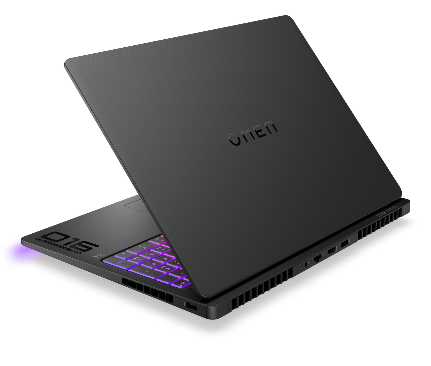 Una computadora portátil negra con un teclado iluminado. La parte posterior muestra el logotipo 'OMEN'.