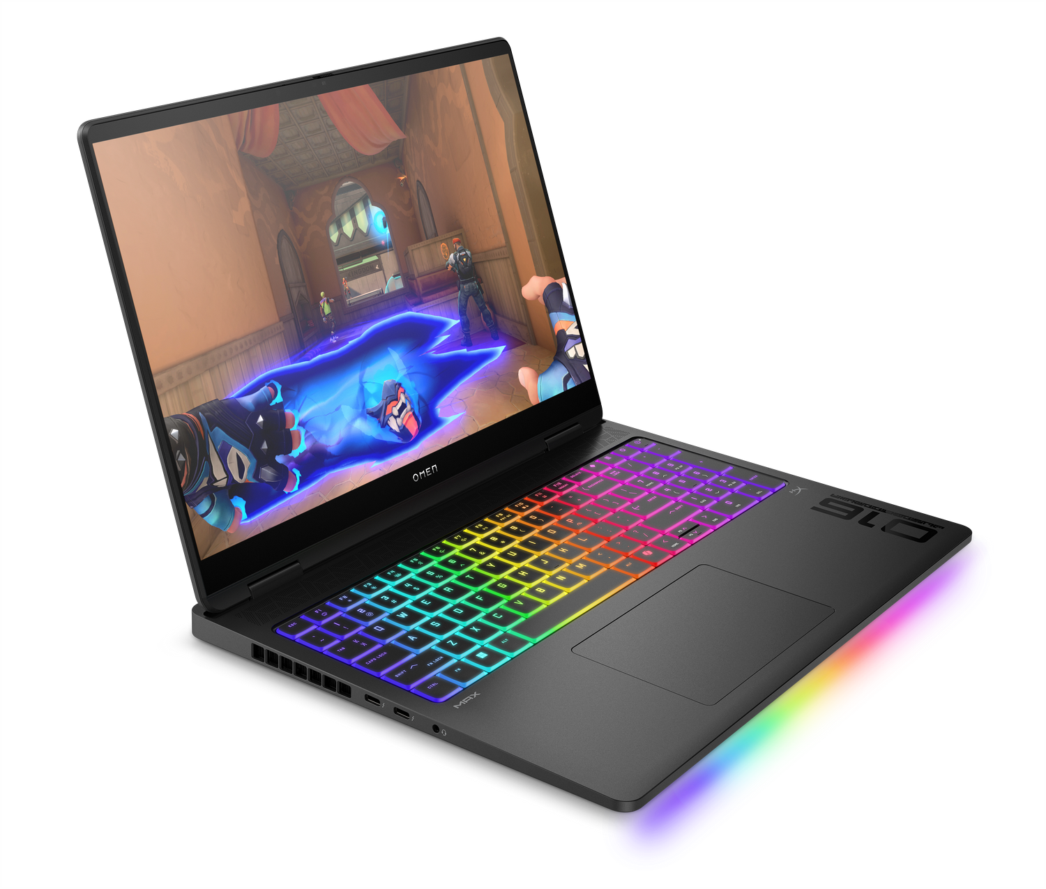 Un portátil negro que muestra un videojuego con un teclado colorido.
