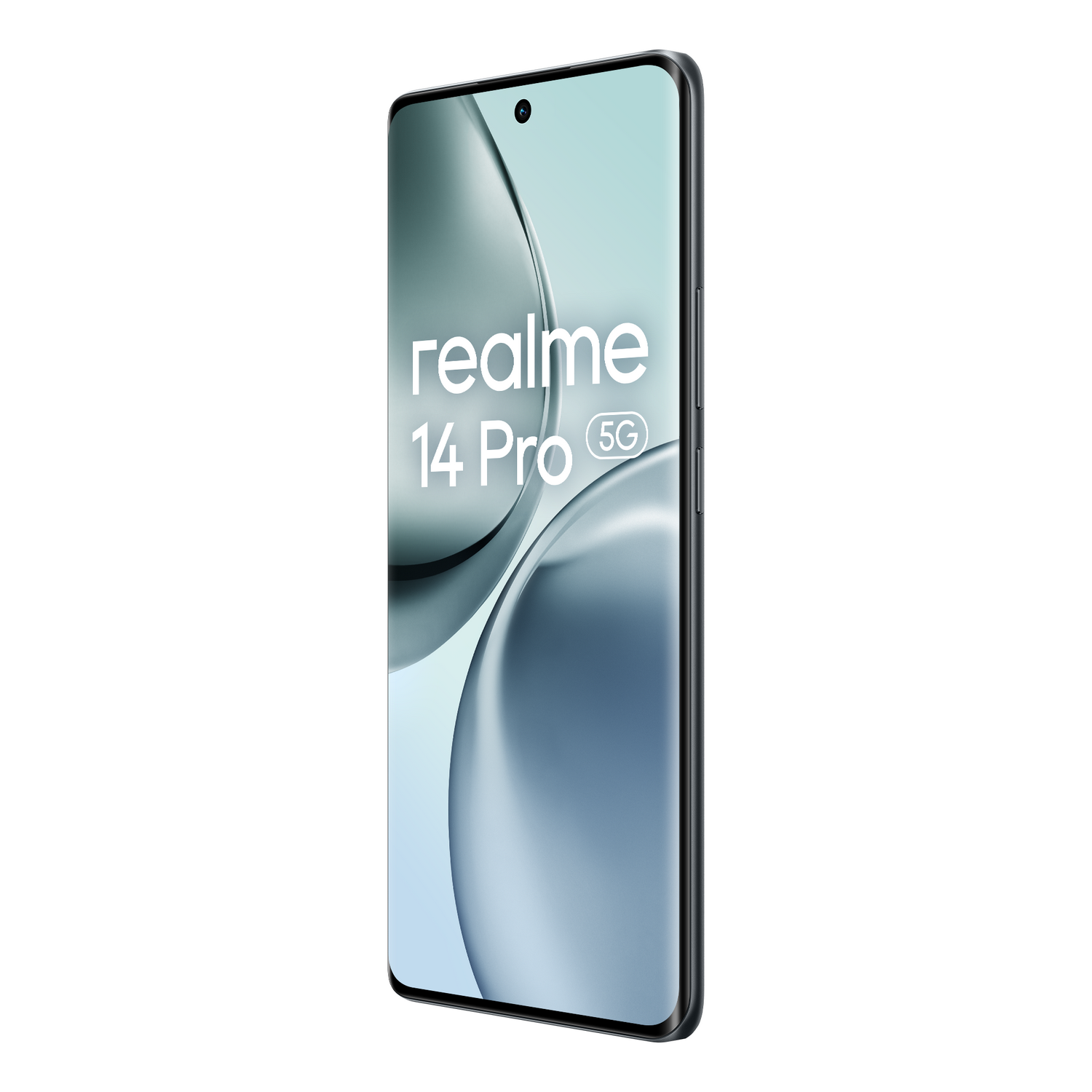 Un teléfono inteligente, negro con pantalla curva, que muestra el logotipo de Realme. El fondo es blanco.