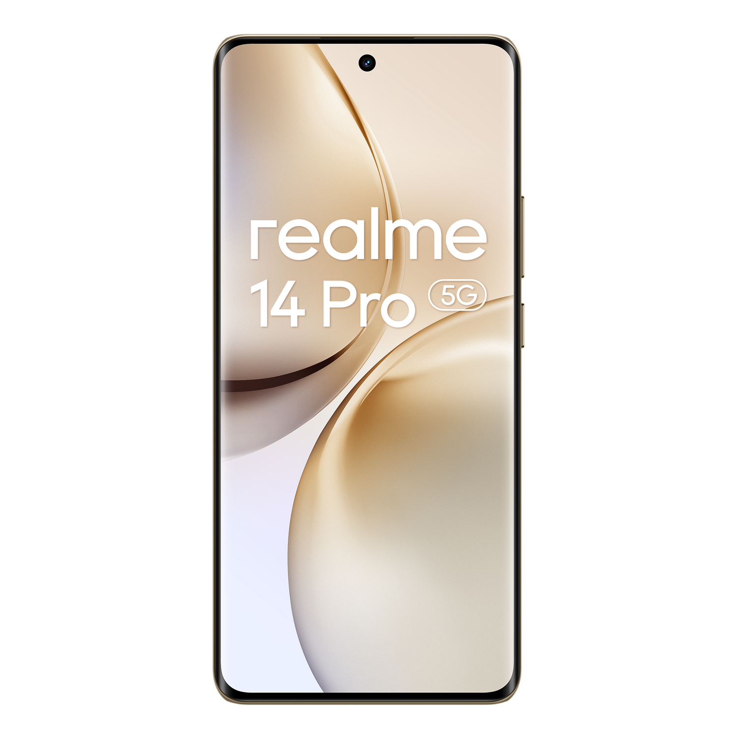 Smartphone, vista frontal. Muestra el logotipo de Realme 14 Pro. Fondo degradado dorado.