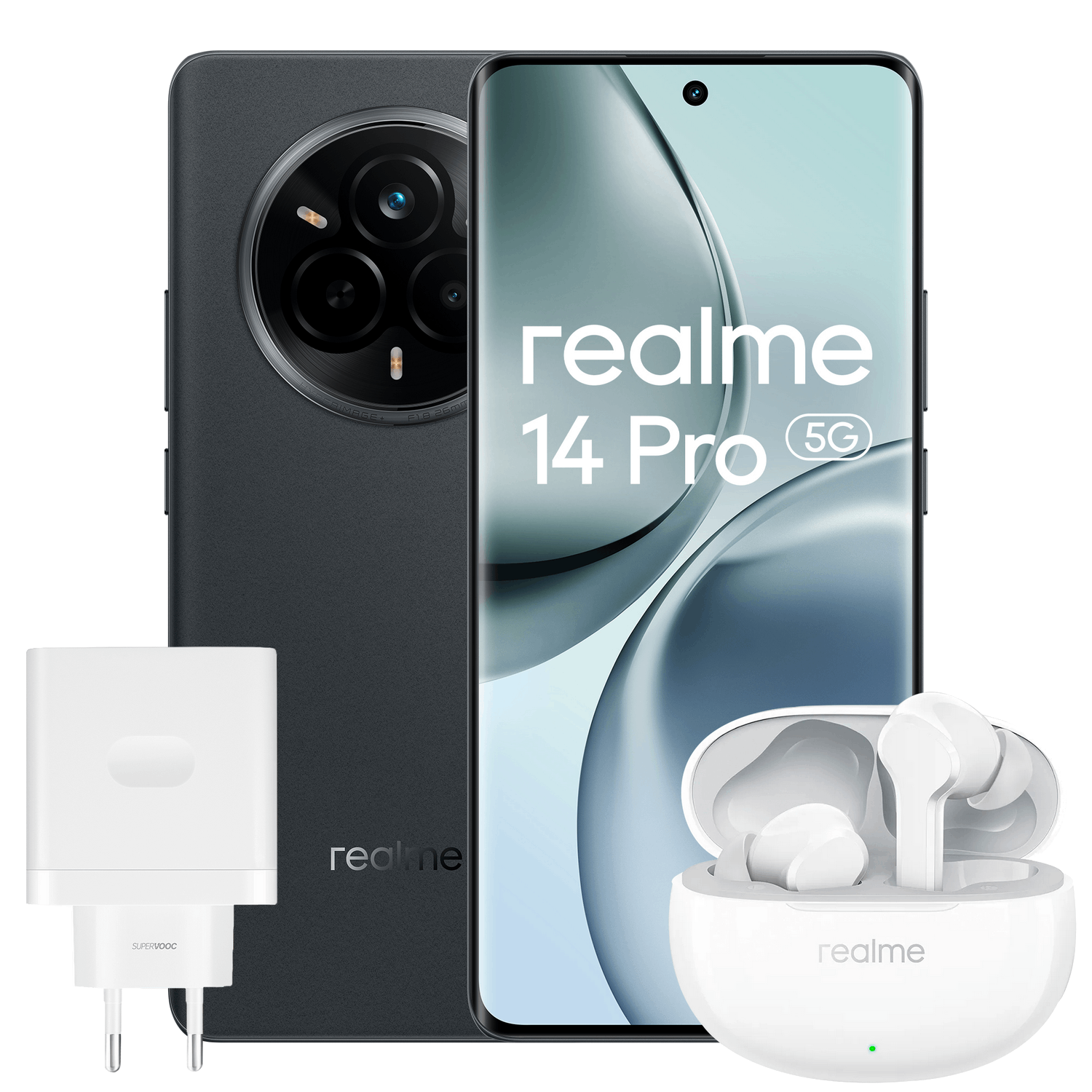 Un teléfono realme 14 Pro 5G, auriculares y cargador. El teléfono es gris y los otros artículos son blancos.