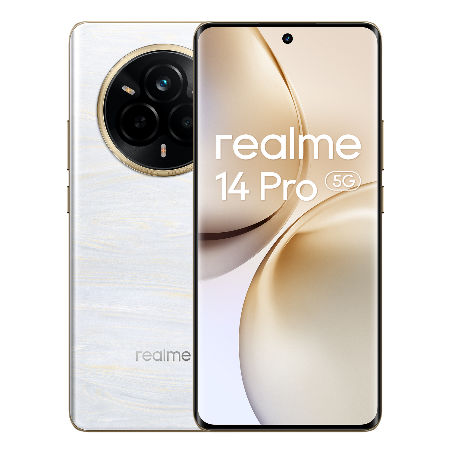 Teléfono Realme 14 Pro 5G, blanco con detalles dorados, vista frontal y trasera.