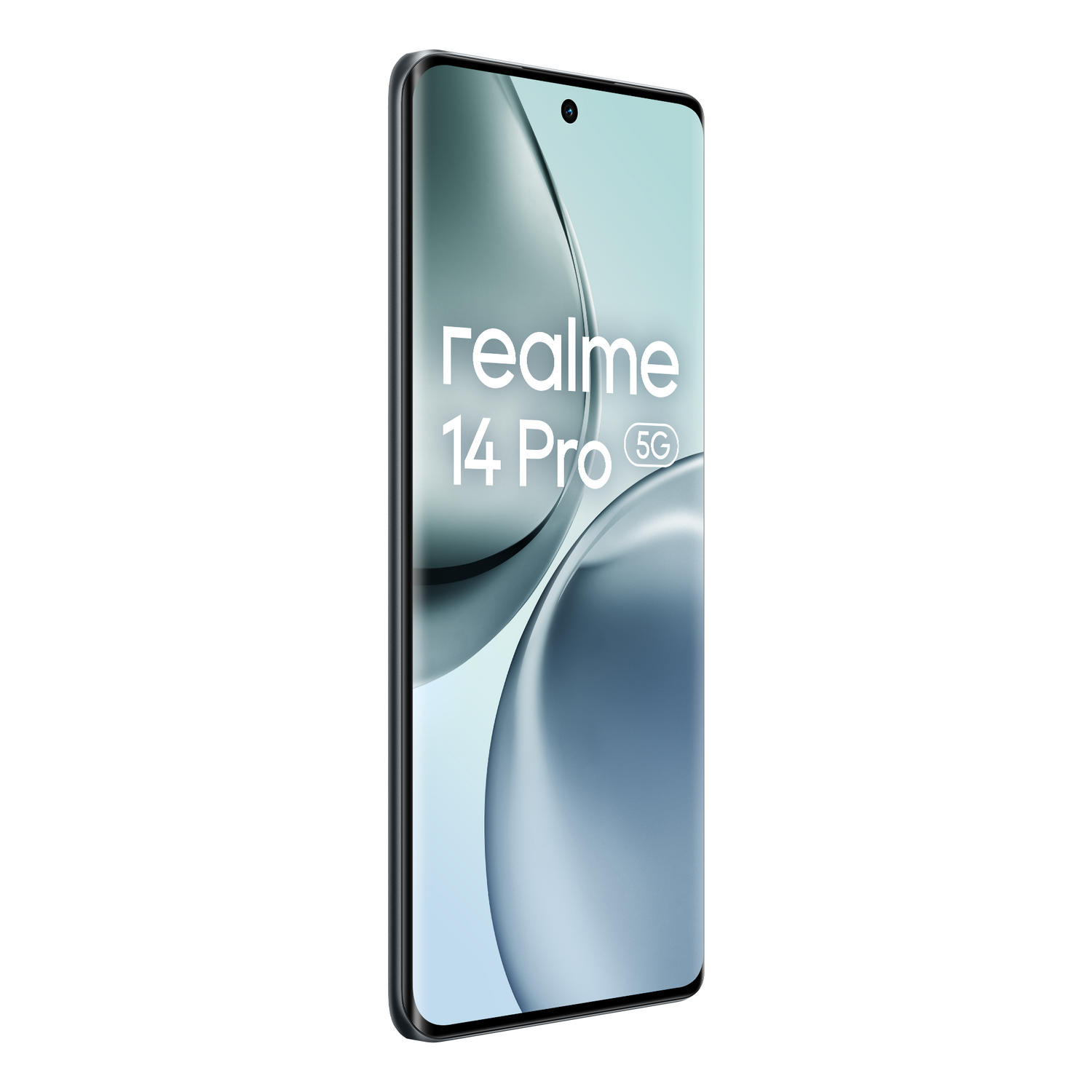 Teléfono Realme 14 Pro 5G. Vista en ángulo. Pantalla muestra fondo abstracto borroso.