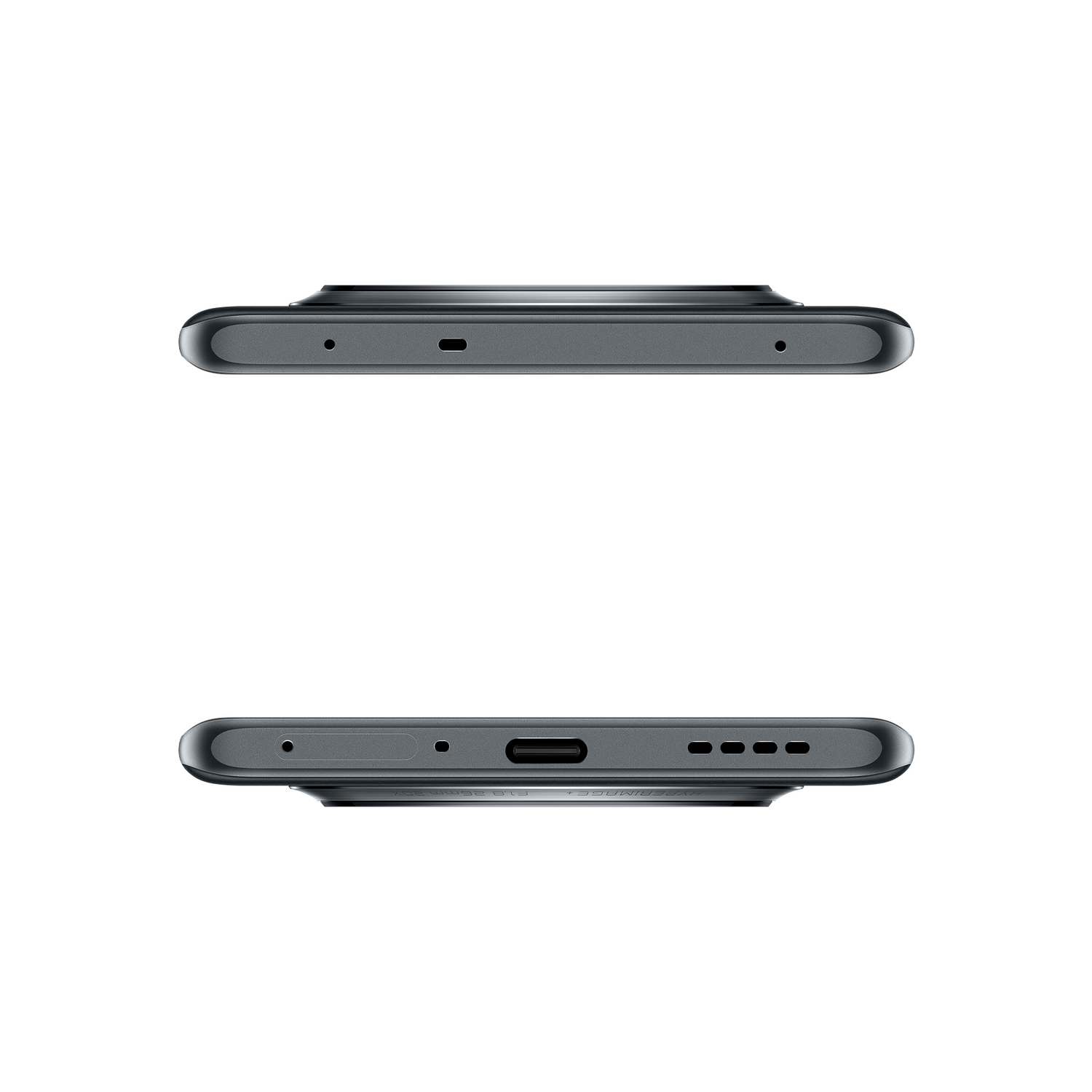 Primer plano de la parte superior e inferior de un teléfono Realme negro, mostrando puertos y altavoces.
