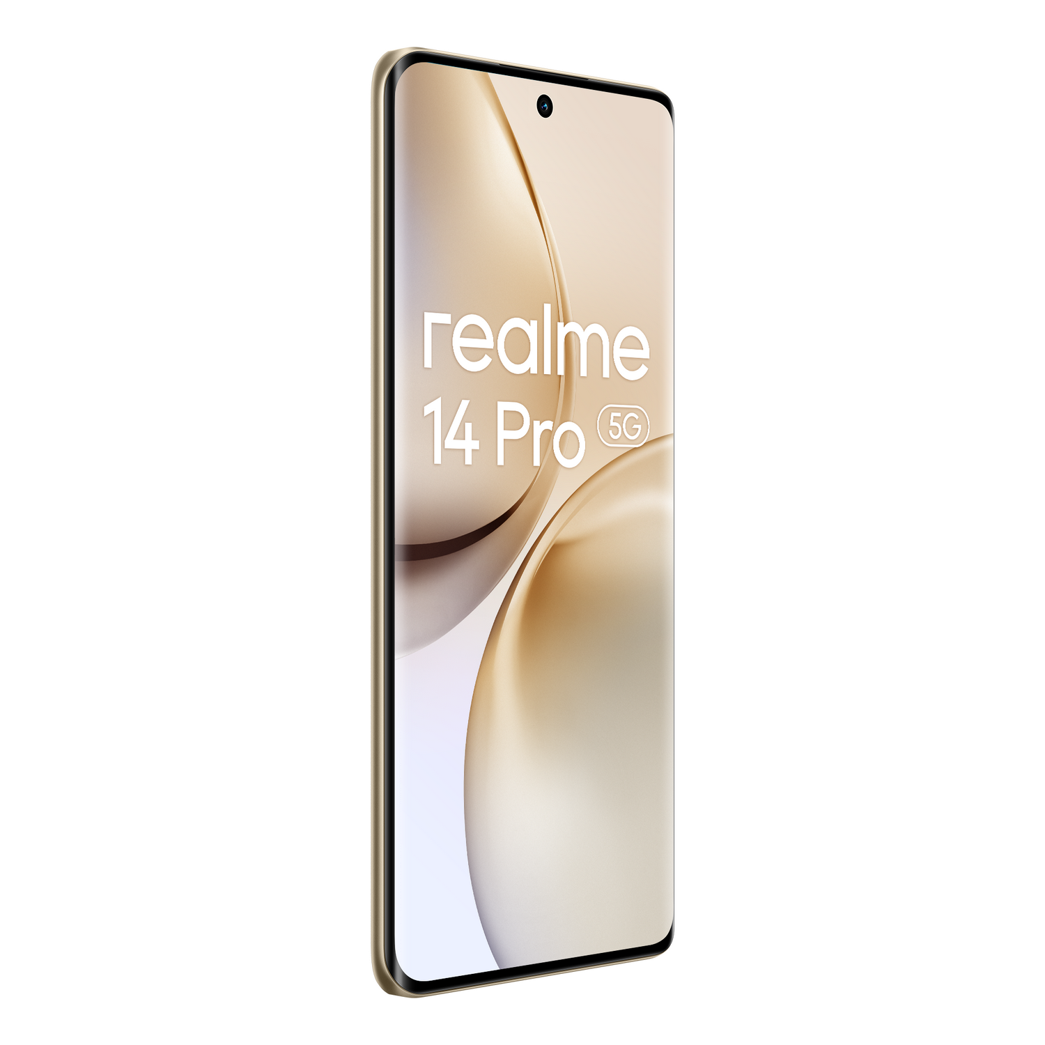 Smartphone Realme 14 Pro 5G, color oro, vista frontal.