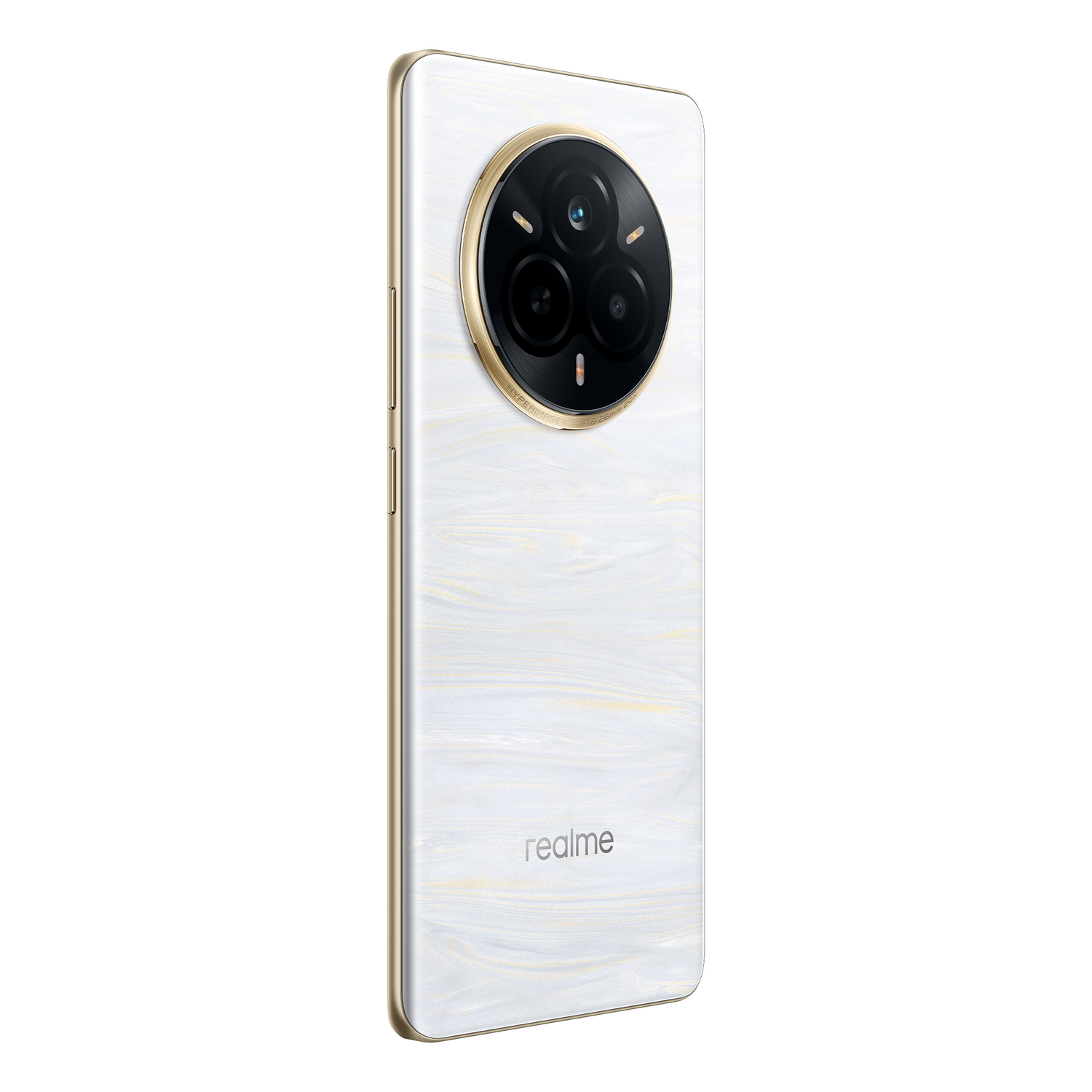 Un smartphone blanco con borde dorado y configuración de triple cámara sobre fondo blanco.