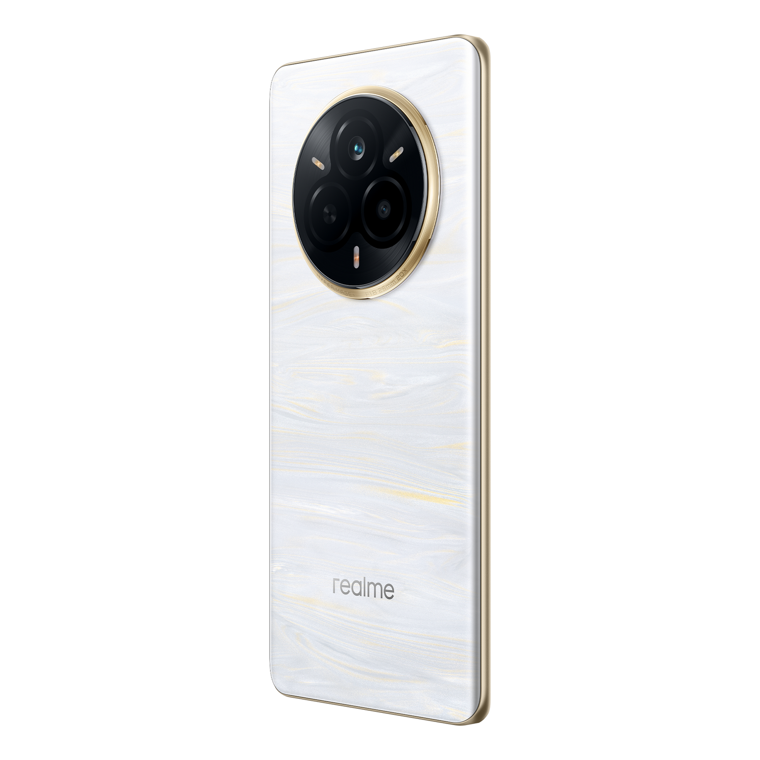 Smartphone blanco con tres cámaras y un anillo dorado.