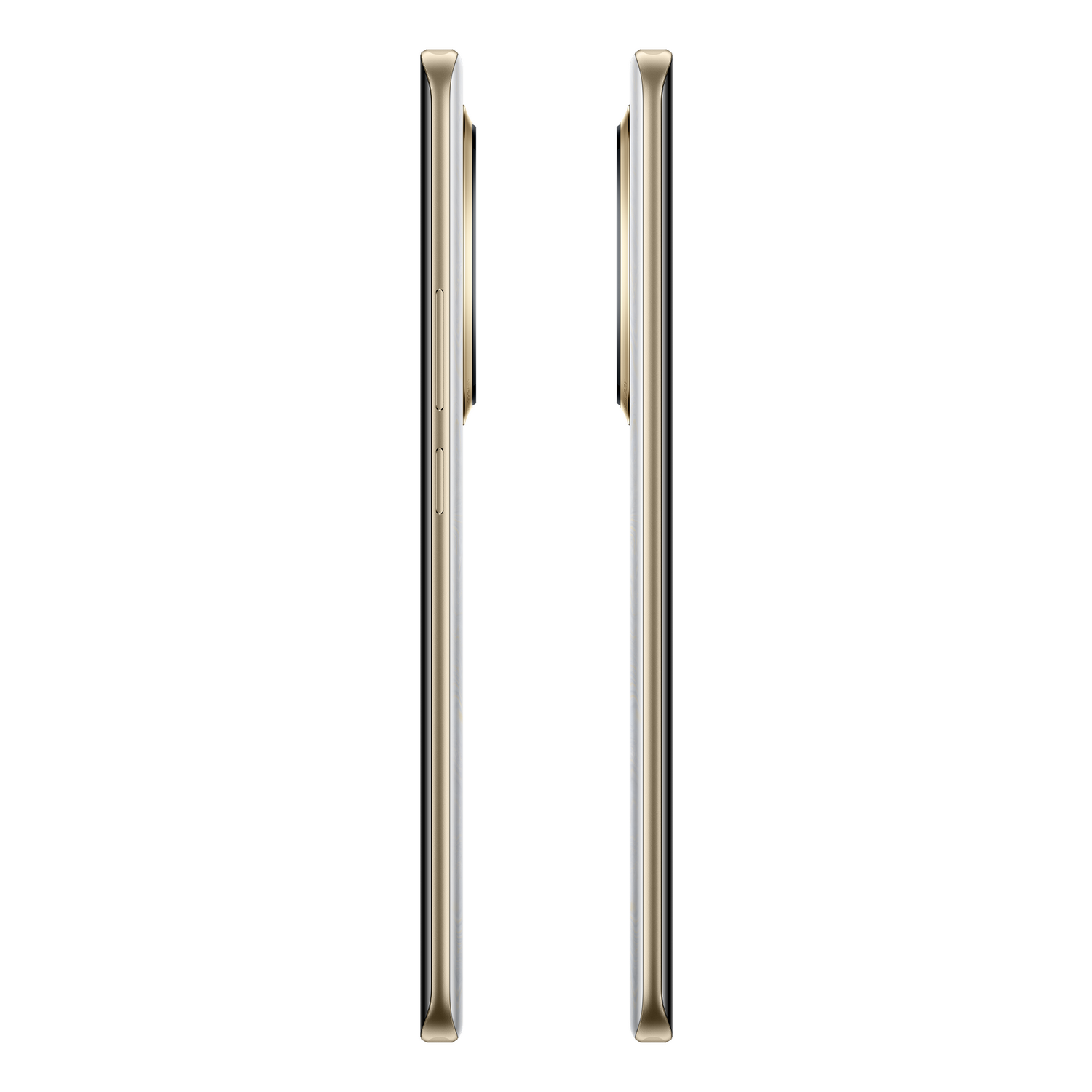 Dos teléfonos, vista lateral, en color dorado, mostrando el perfil delgado de los dispositivos contra un fondo blanco.
