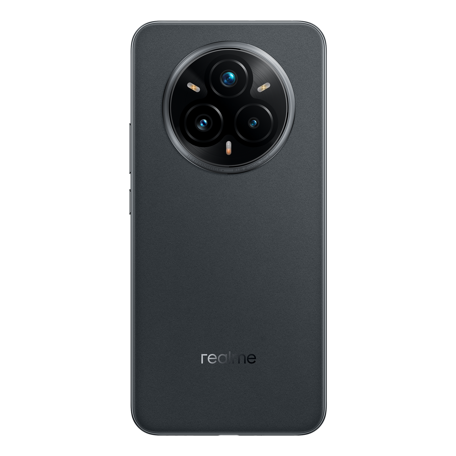 Parte trasera de smartphone gris oscuro con tres cámaras y el logo 'realme'.
