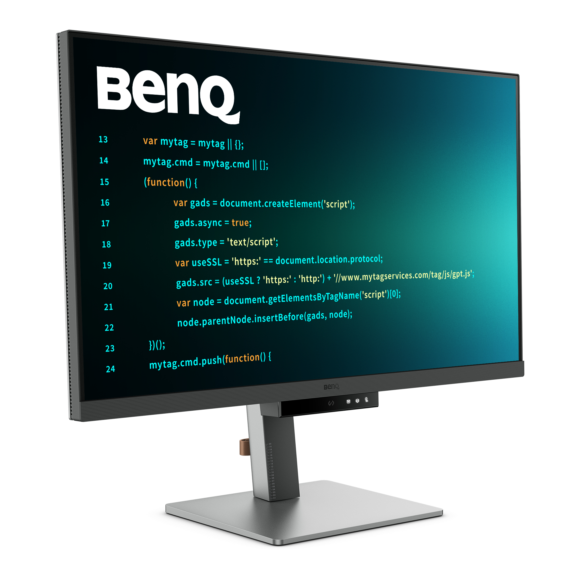 Monitor BenQ mostrando código. Soporte plateado con cámara, fondo blanco.