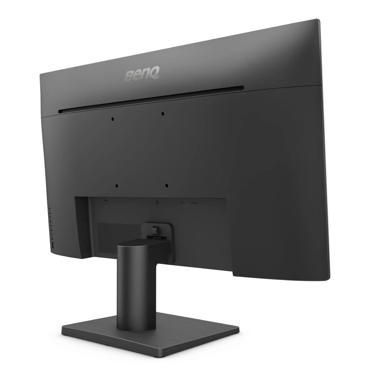 Monitor de computadora negro, vista trasera, con soporte, sobre fondo blanco.