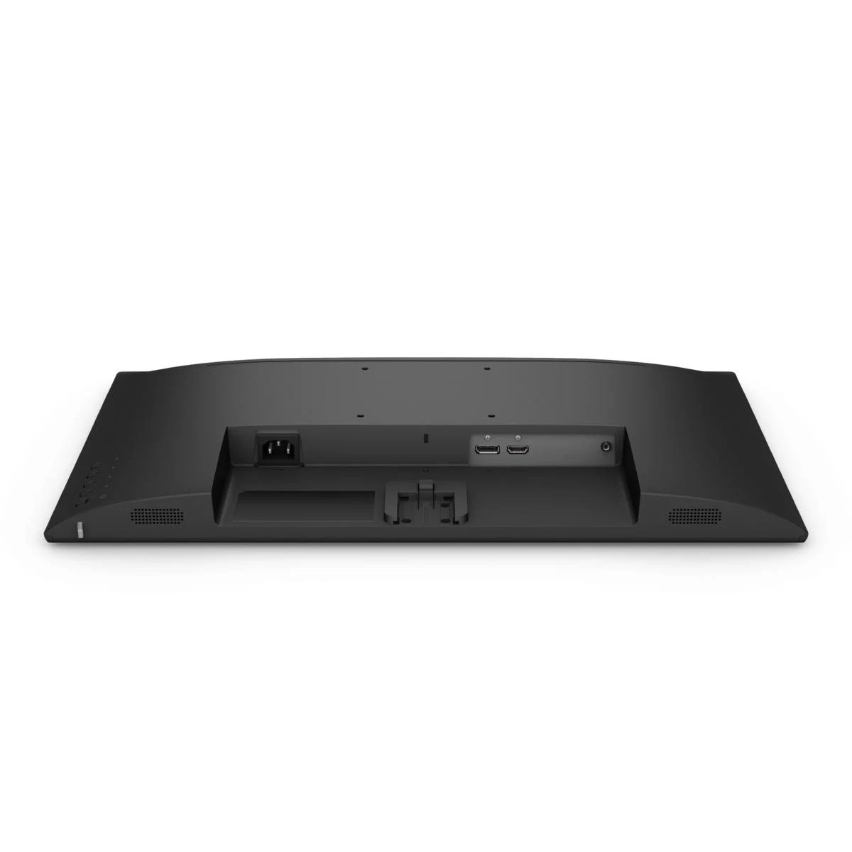 La parte trasera de un monitor de ordenador negro con puertos.