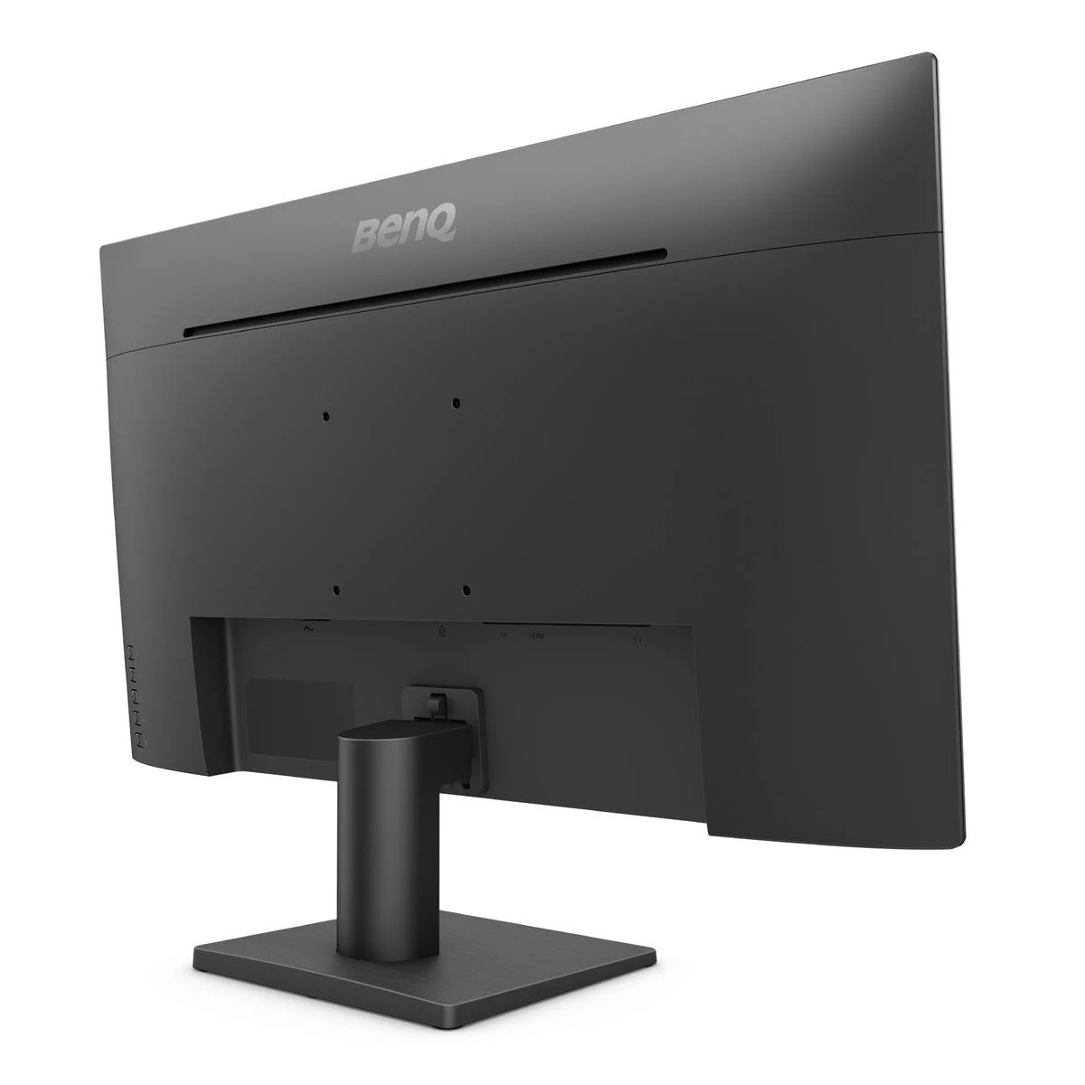 Monitor negro, vista trasera, soporte negro. Fondo blanco.
