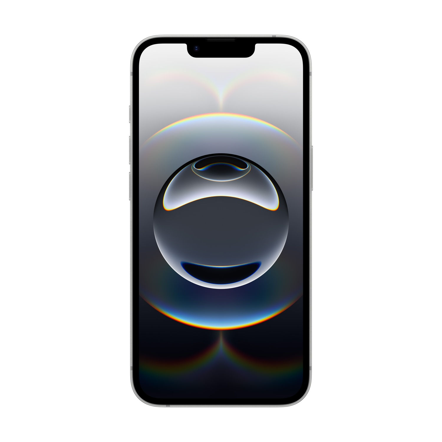 Un iPhone argento con schermo nero che mostra una sfera scura e lucida su uno sfondo sfumato.