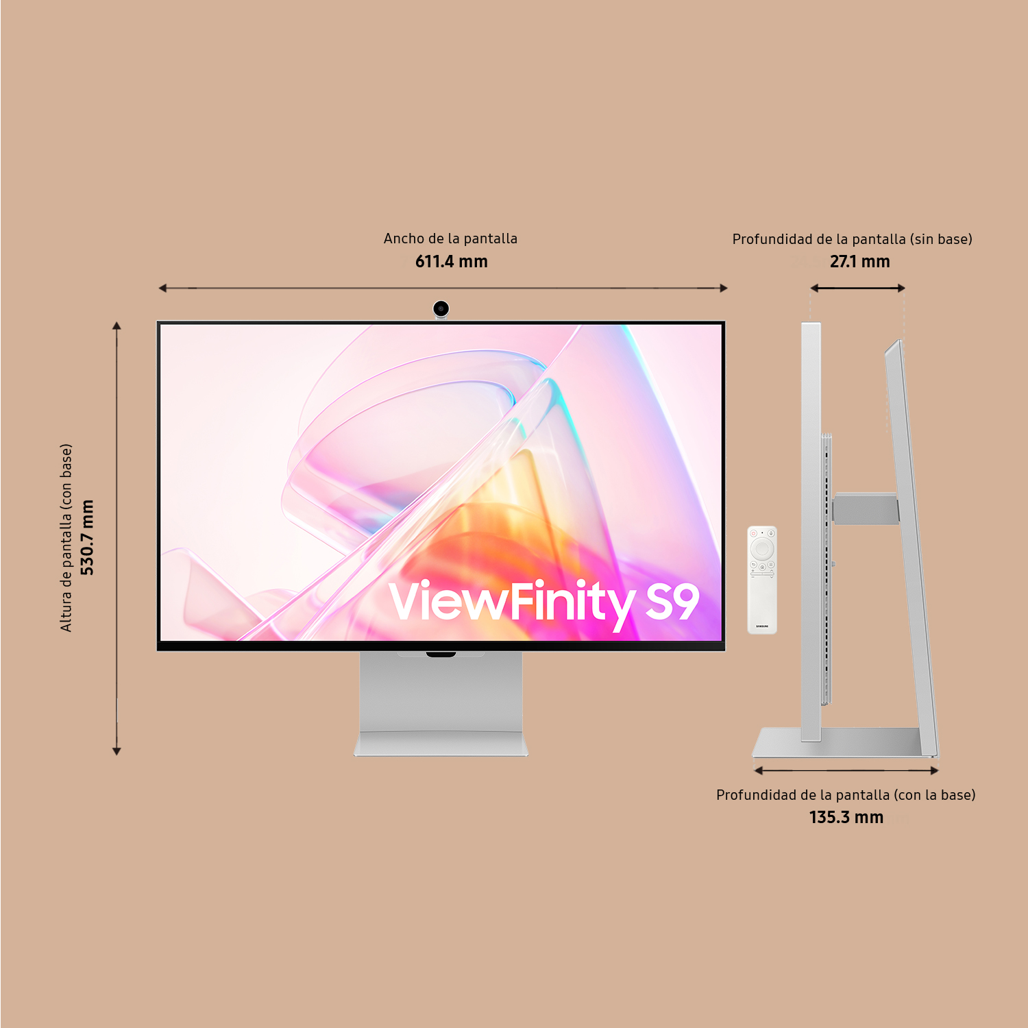 Monitor de computadora con dimensiones indicadas, un control remoto y el logotipo ViewFinity S9.