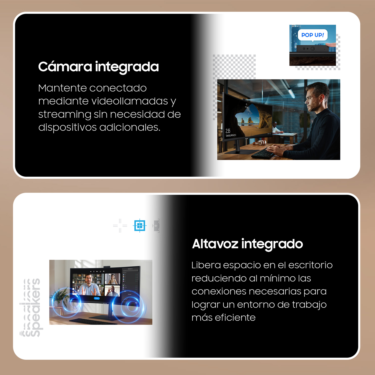 Dos paneles de texto sobre la cámara integrada y las funciones de altavoz de un monitor.