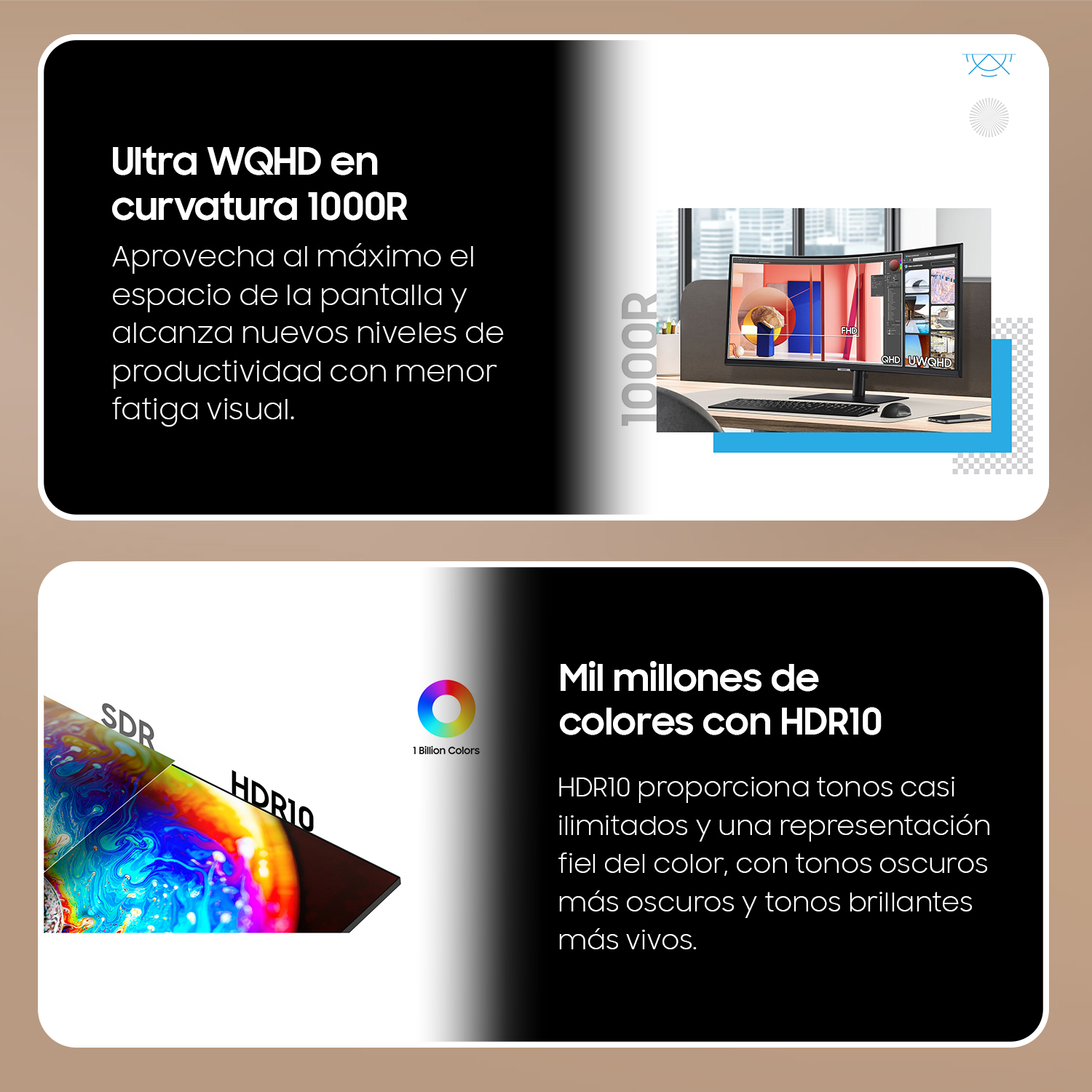 Dos diagramas con texto, uno sobre pantalla Ultra WQHD y otro sobre color HDR10.