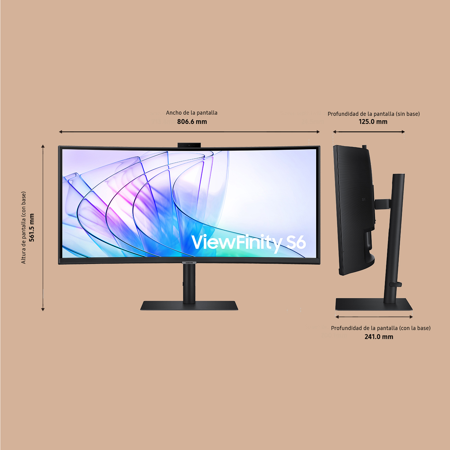 Monitor curvo con soporte negro. Vista lateral muestra el grosor. Dimensiones mostradas.