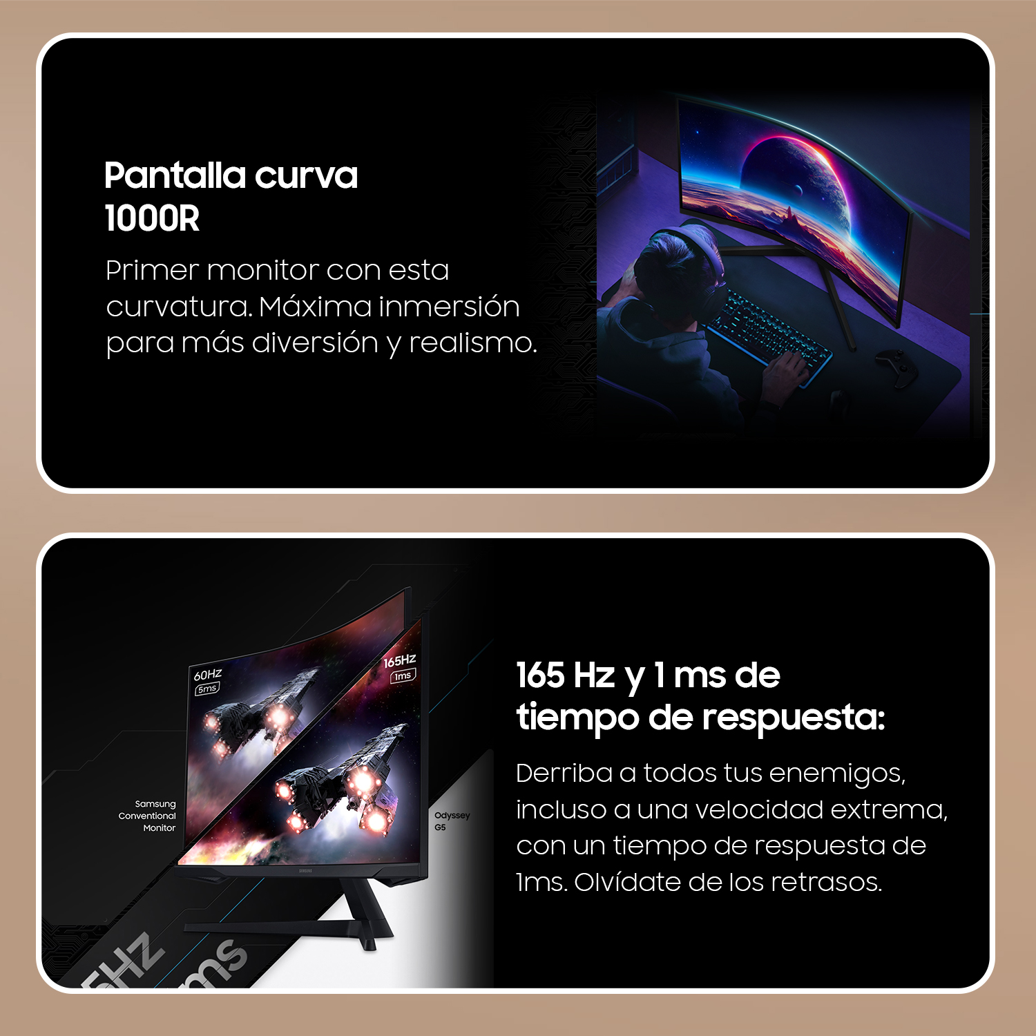 Dos imágenes con texto sobre un monitor curvo sobre un fondo negro.
