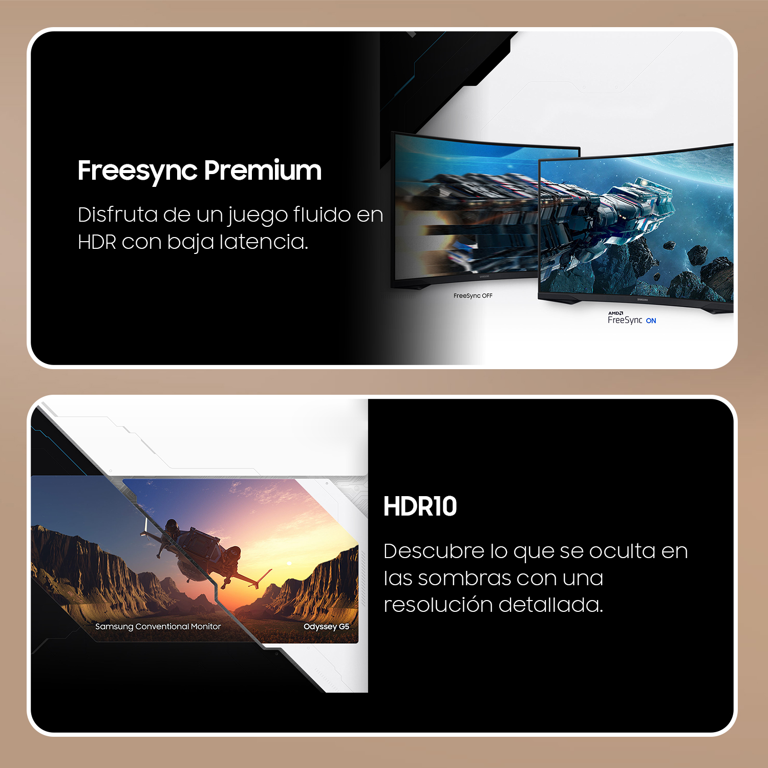Dos paneles que muestran las funciones Freesync y HDR10, con imágenes de juegos en los monitores.